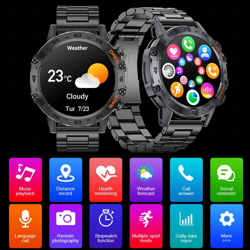LIGE Military Smartwatch 1.39 Inch AMOLED 400mAh Battery Waterproof Heart Rate Bluetooth Call