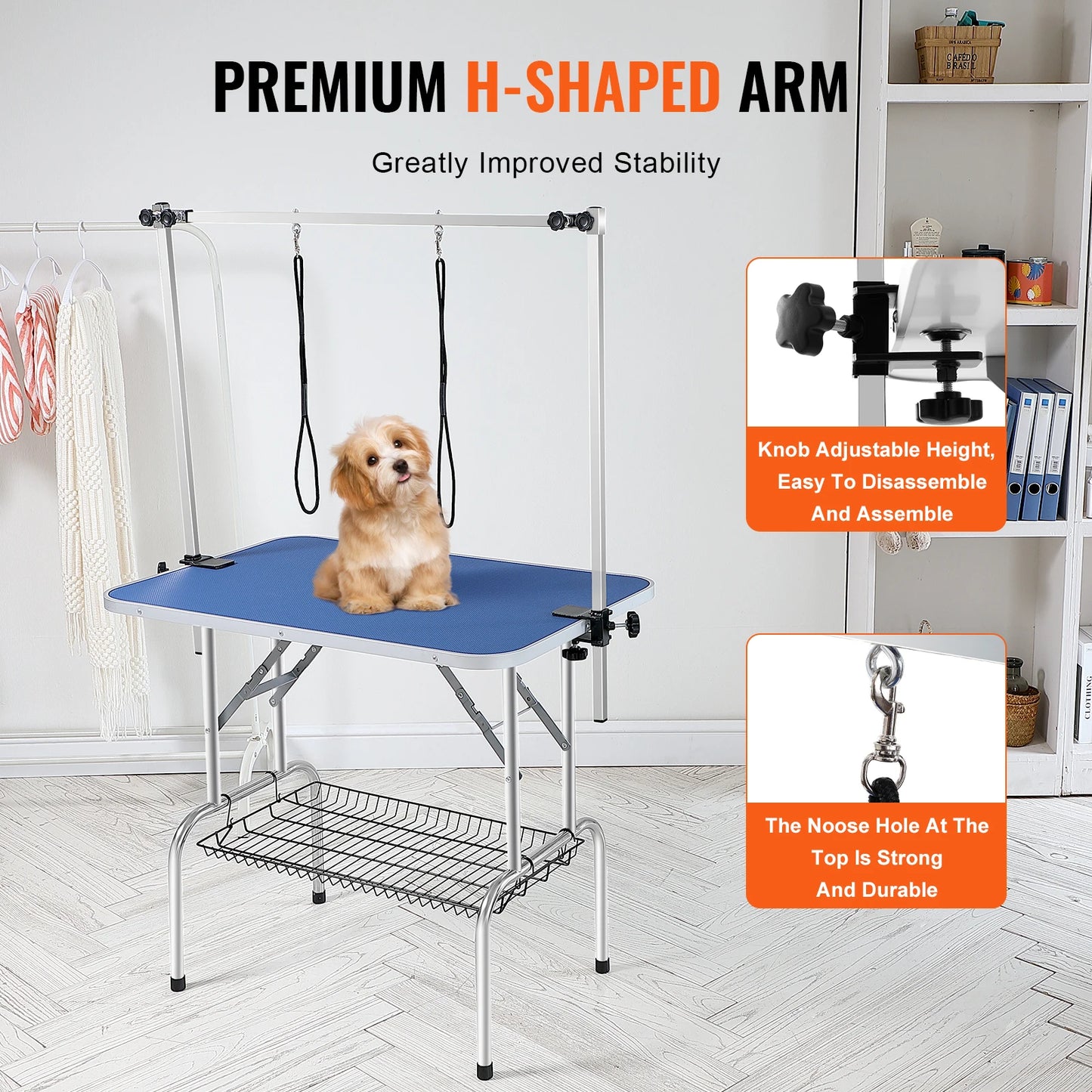 SucceBuy Pet Grooming Table With Two Arms Foldable Stand Loop