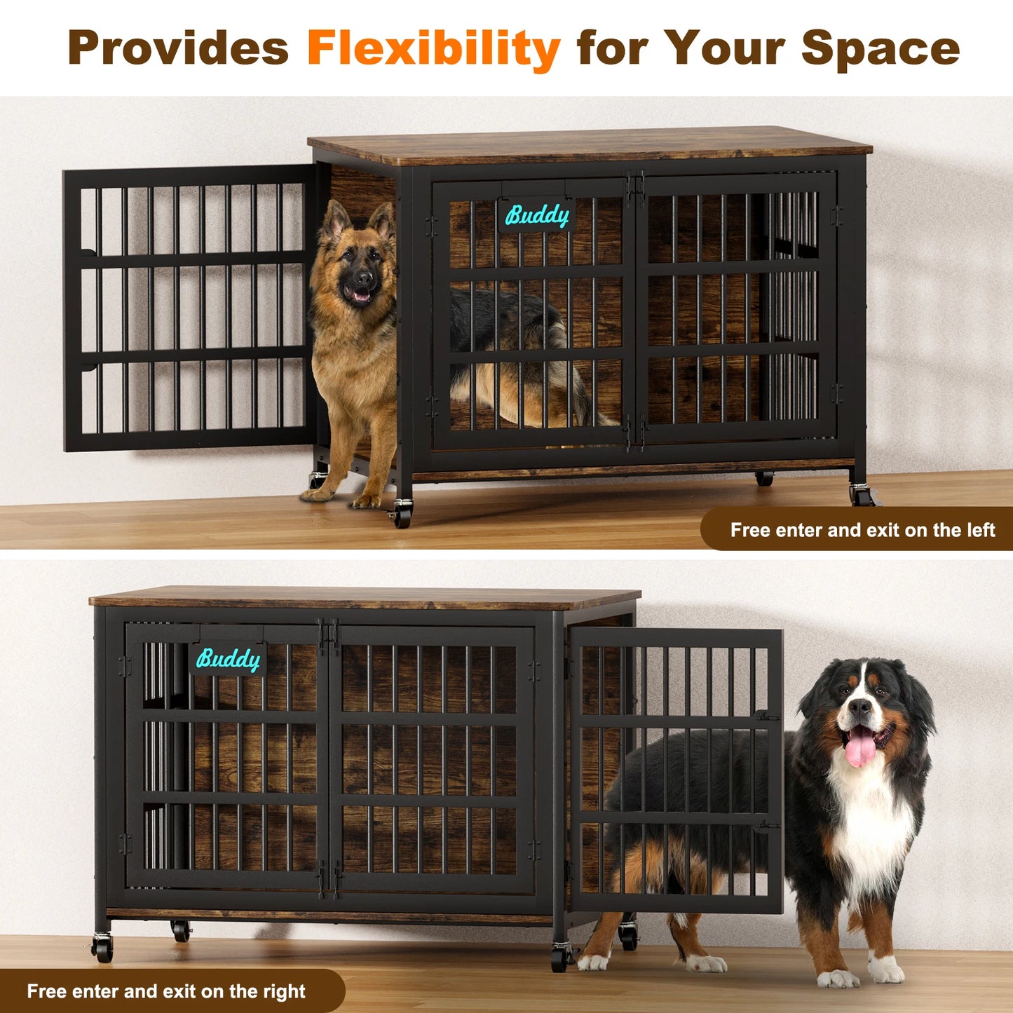 Heavy Duty Indoor Dog Crate Furniture With Casters