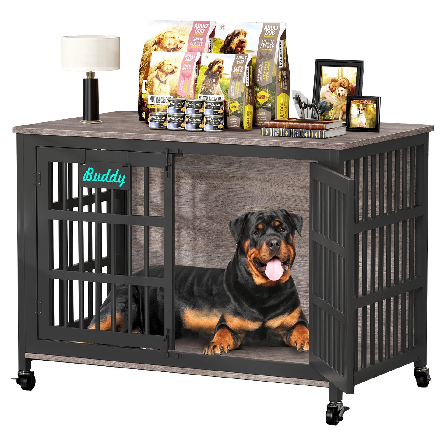 Heavy Duty Indoor Dog Crate Furniture With Casters