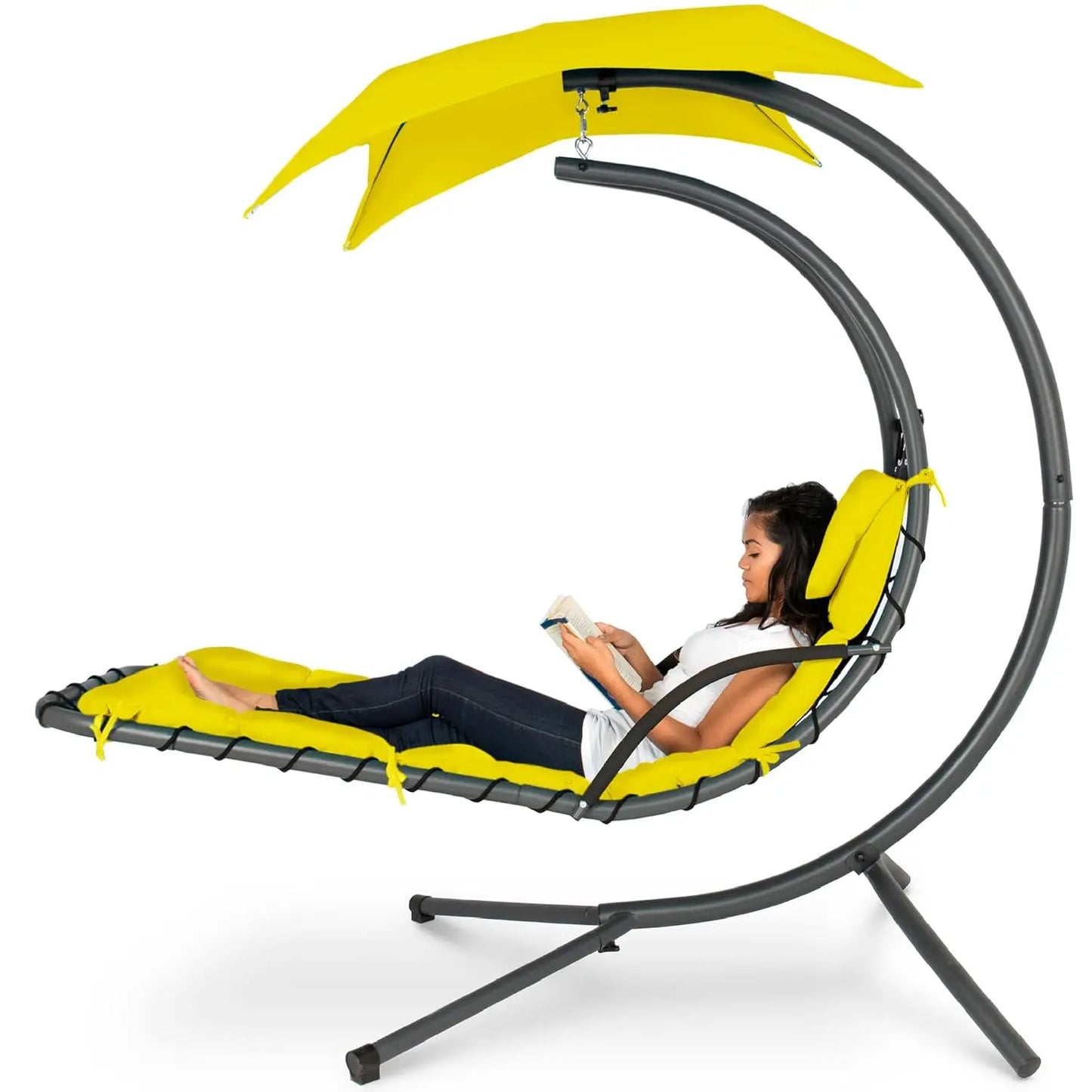 Curved Steel Outdoor Hanging Chaise Lounge With Built-In Pillow