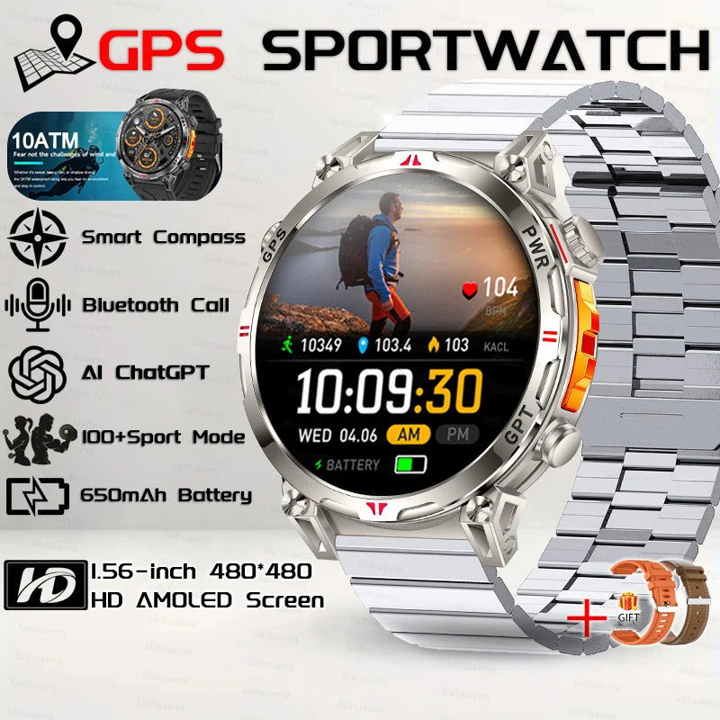 Outdoor GPS Smartwatch For Men With Compass, 10ATM Waterproof, Health Monitoring, Bluetooth Call