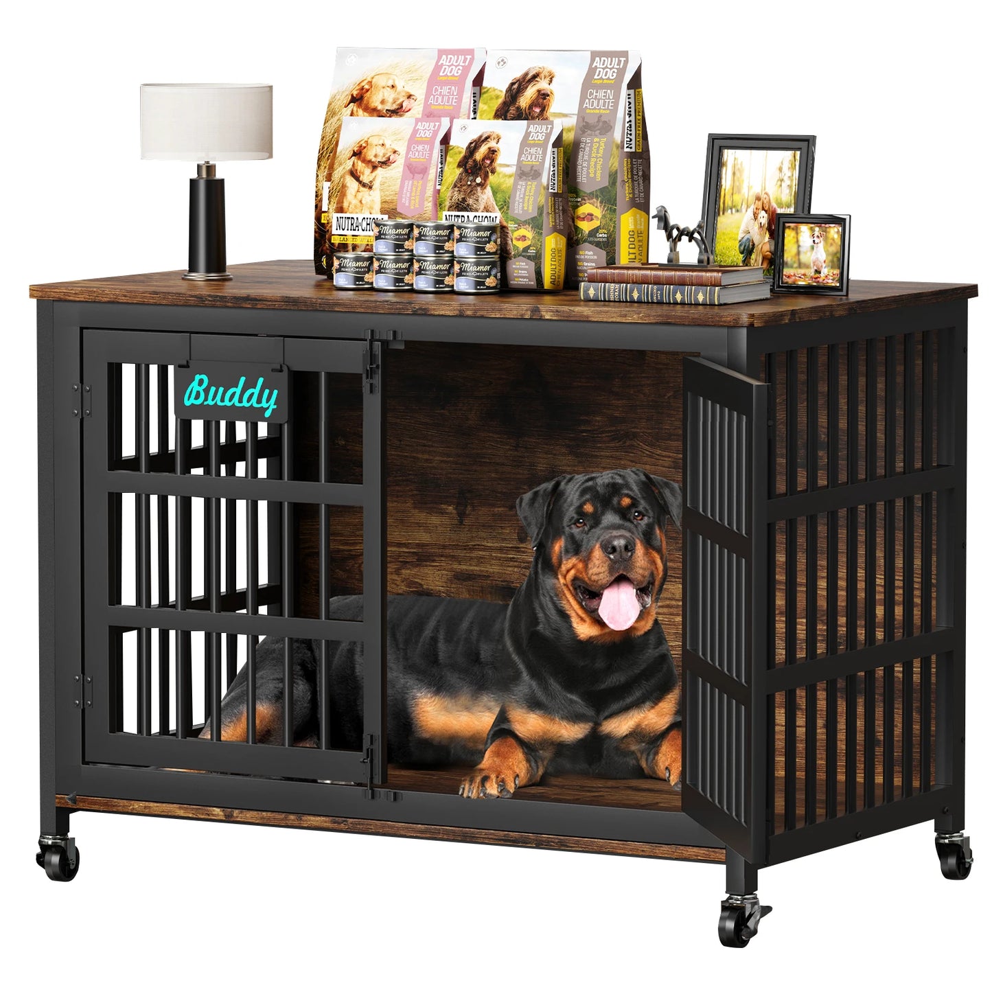 Heavy Duty Indoor Dog Crate Furniture With Casters