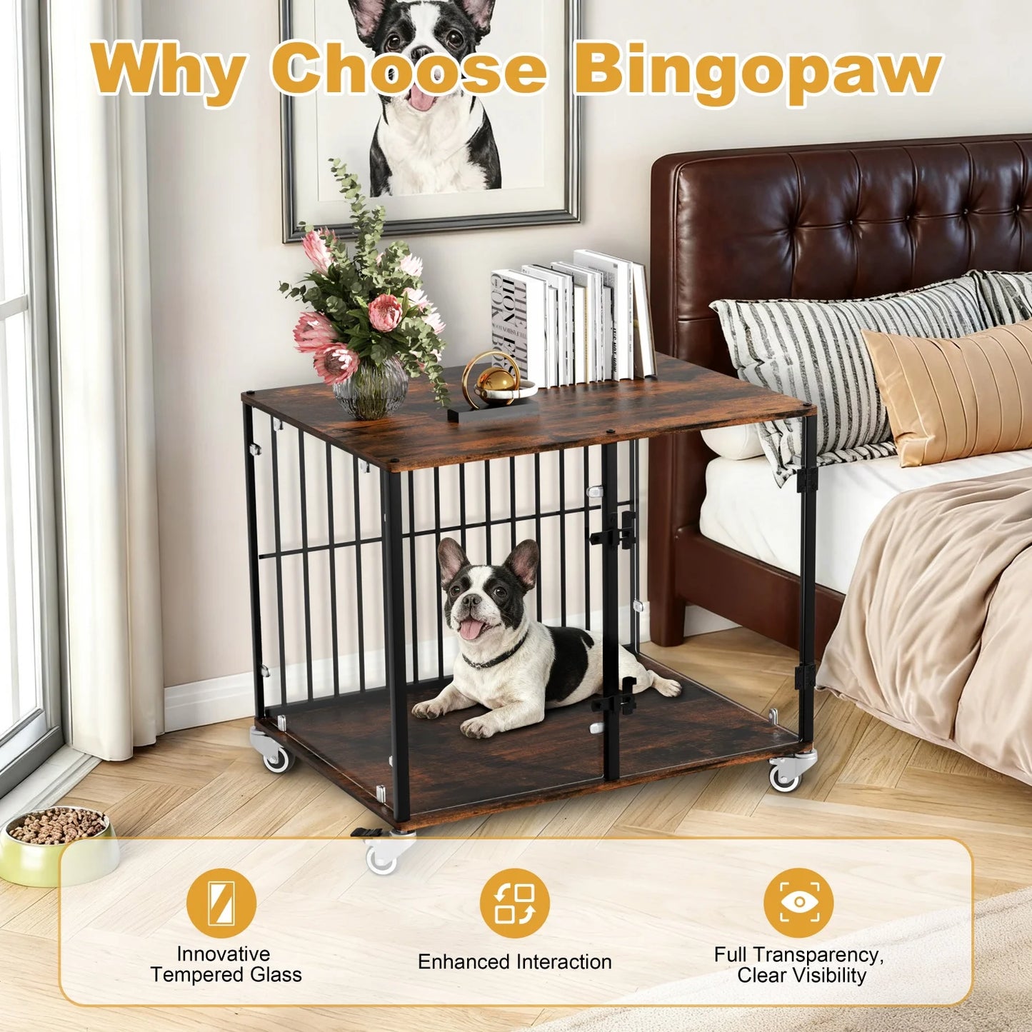 BINGOPAW Dog Crate Furniture Style End Table Tempered Glass Kennel