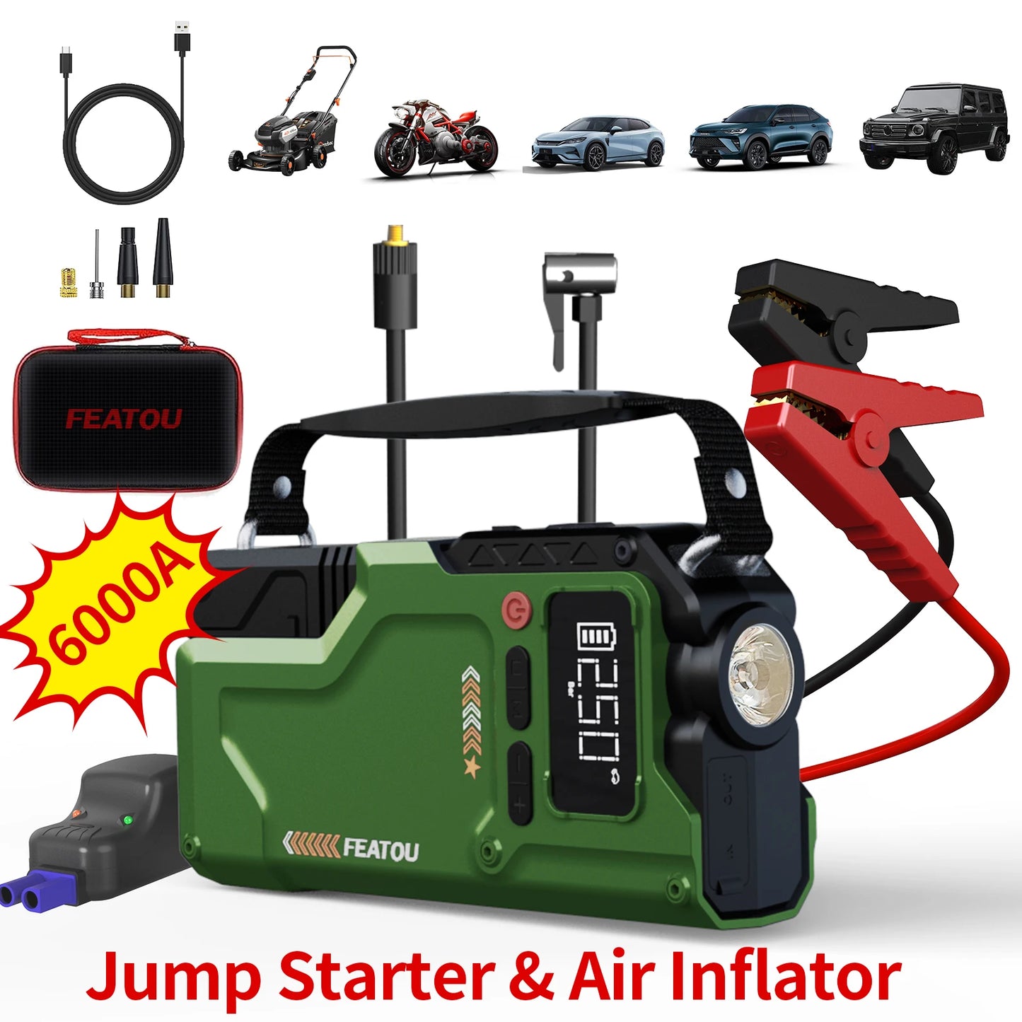 FEATOU 6000A Jump Starter With Air Compressor 5-In-1