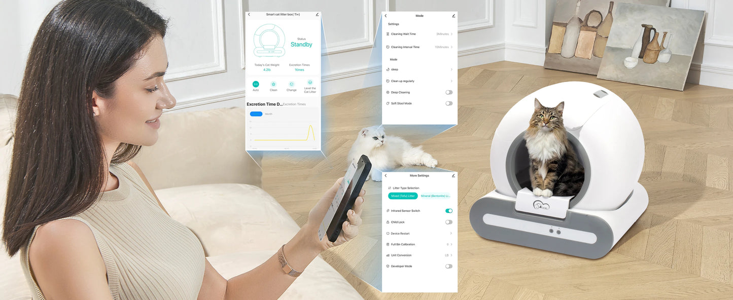 DOEL Self Cleaning Cat Litter Box With App Control Works On 2.4G WiFi Includes Litter Mat And Trash Bags