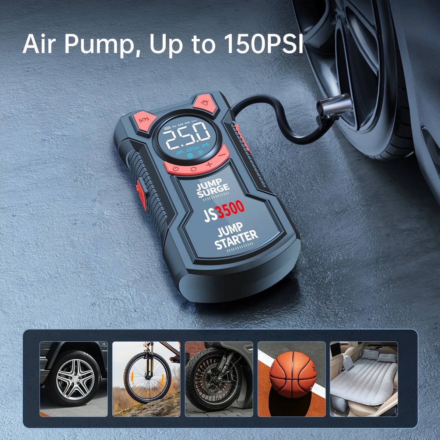 5 in 1 Jump Starter With Air Pump 3000A Peak And Digital Tire Inflator Rechargeable Battery Pack