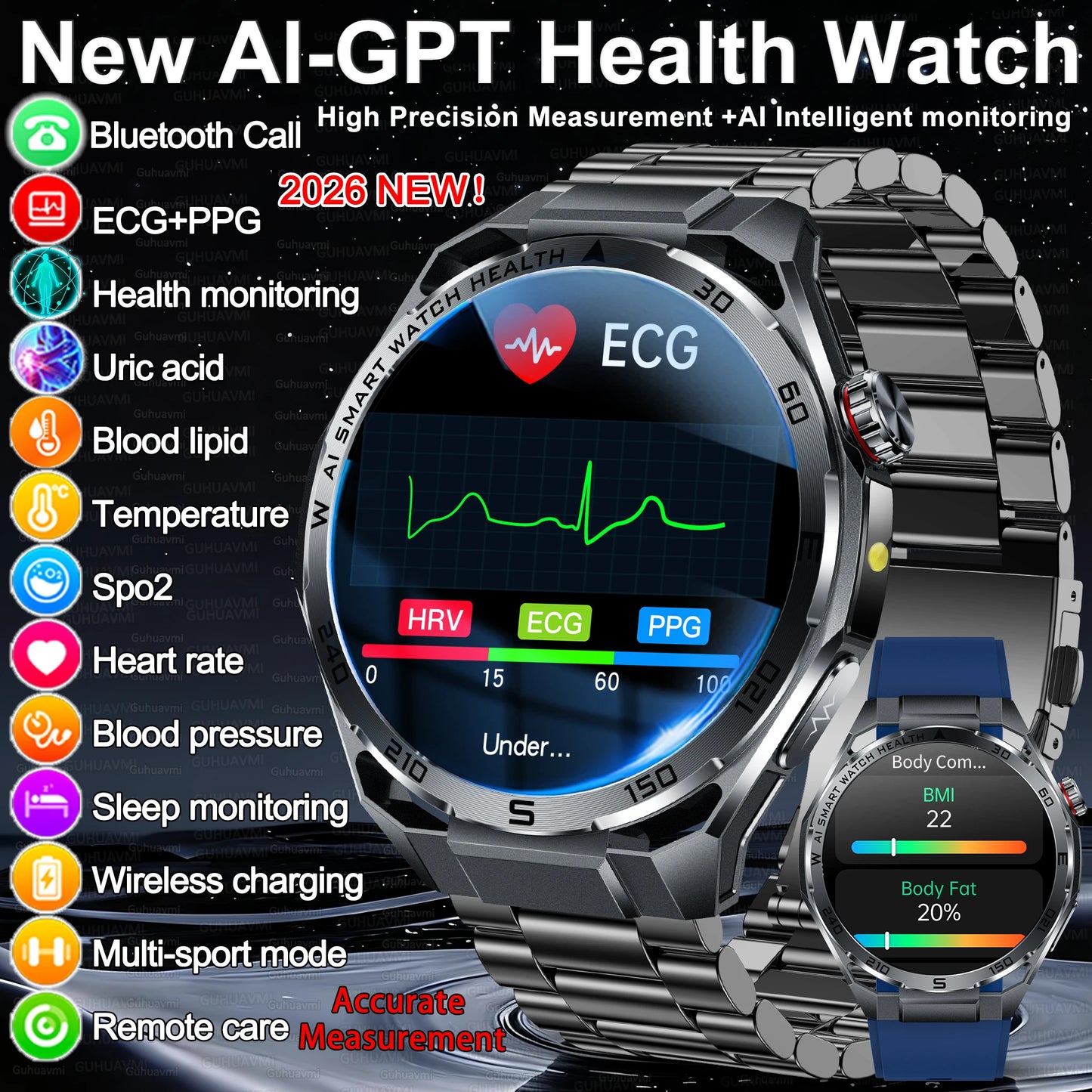 Smart Health Watch With ECG And PPG Body Fat Analysis Uric Acid BP Blood Oxygen Bluetooth Calling