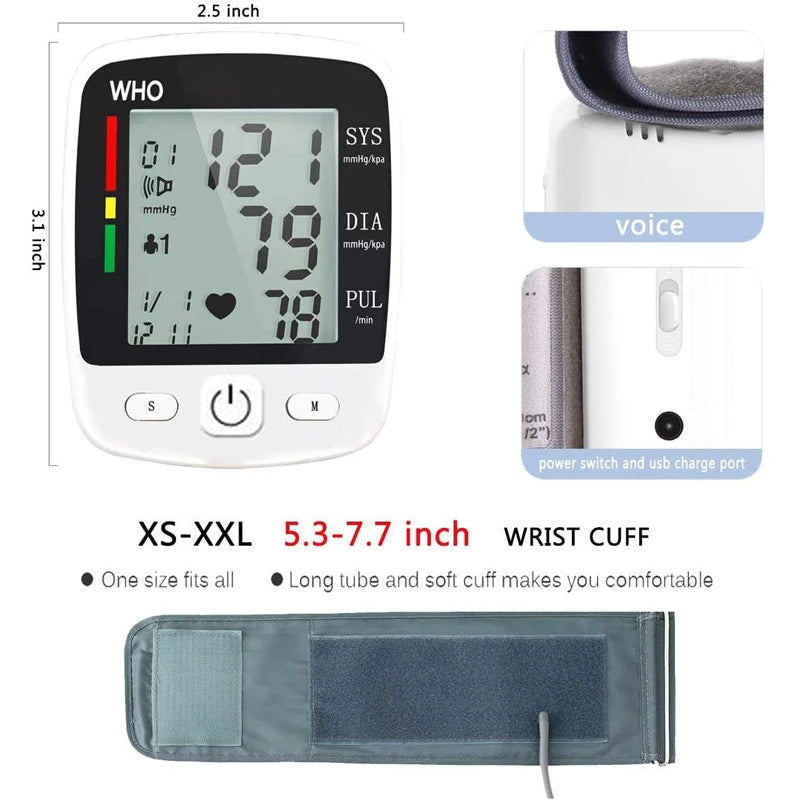 TAKROL Digital Wrist Blood Pressure Monitor Tensiometer With LCD 2x90 Memory Rechargeable