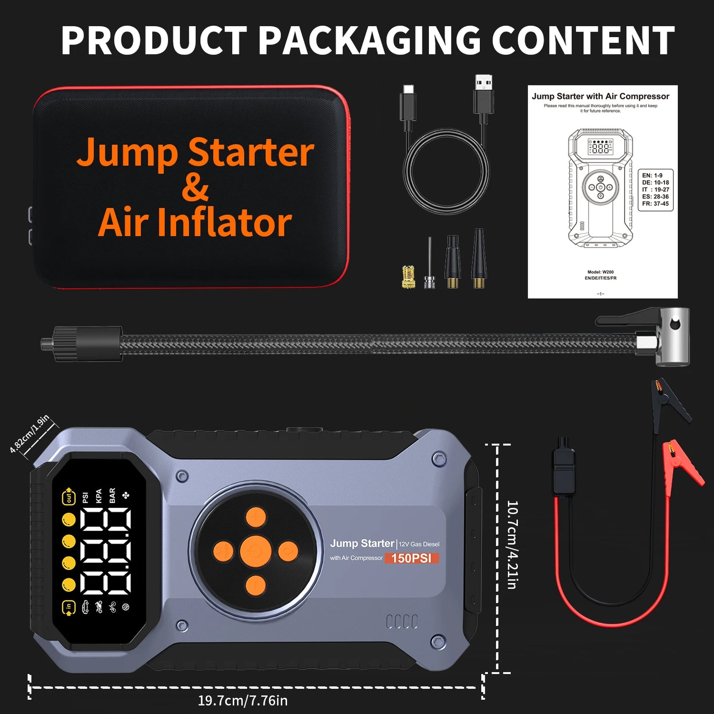 Geeneu 12V Jump Starter With Air Inflator USB Power Pack For Vehicles And Emergencies