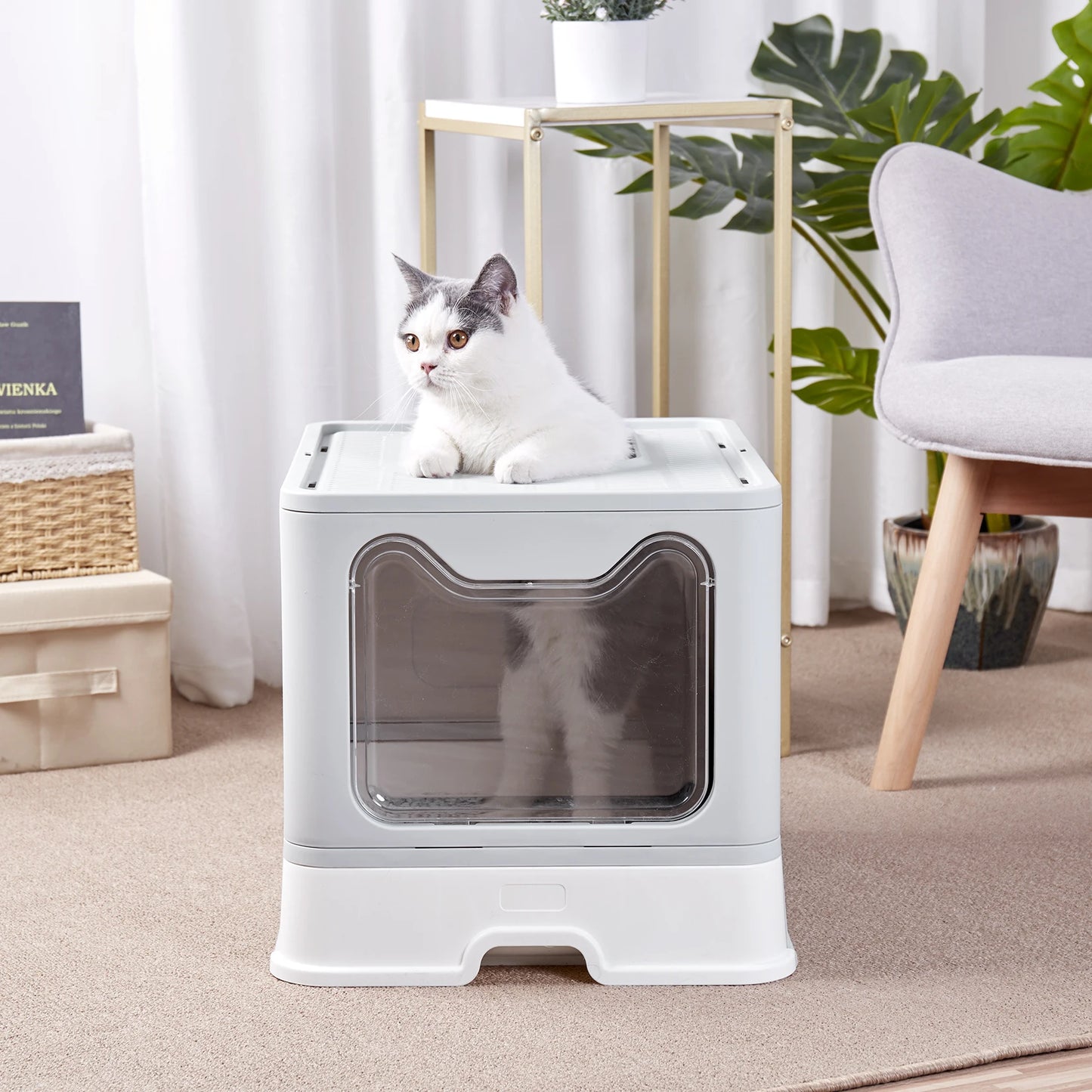 Foldable Cat Litter Box With Front Entry And Top Exit