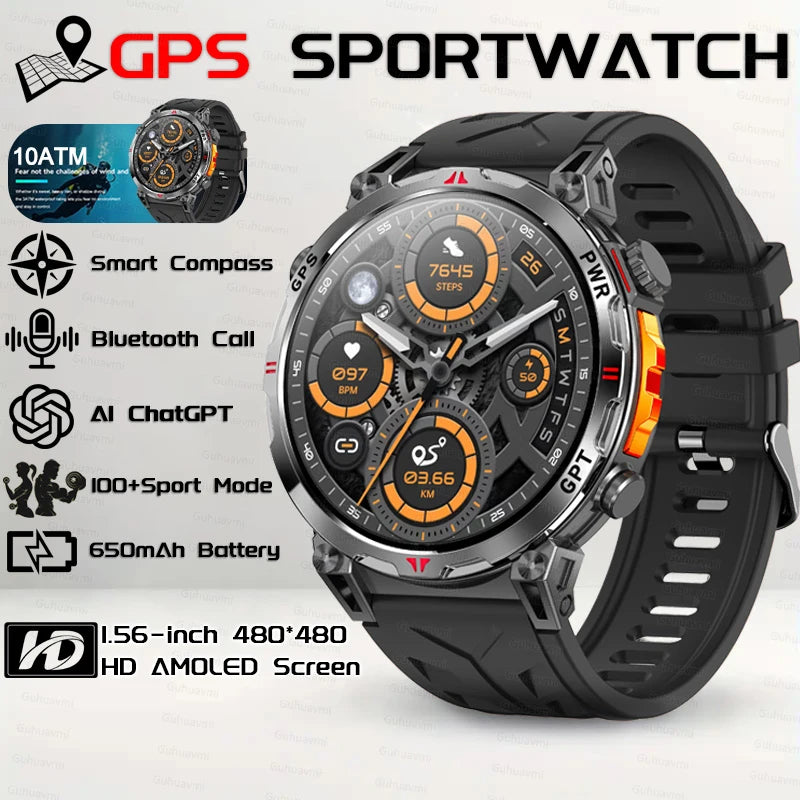 Outdoor GPS Smartwatch For Men With Compass, 10ATM Waterproof, Health Monitoring, Bluetooth Call