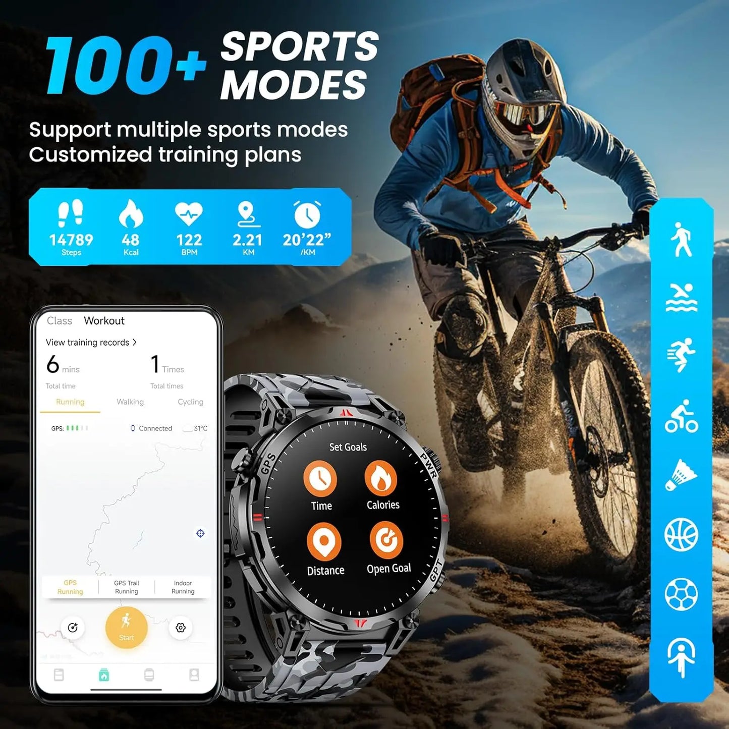 Outdoor GPS Smartwatch For Men With Compass, 10ATM Waterproof, Health Monitoring, Bluetooth Call