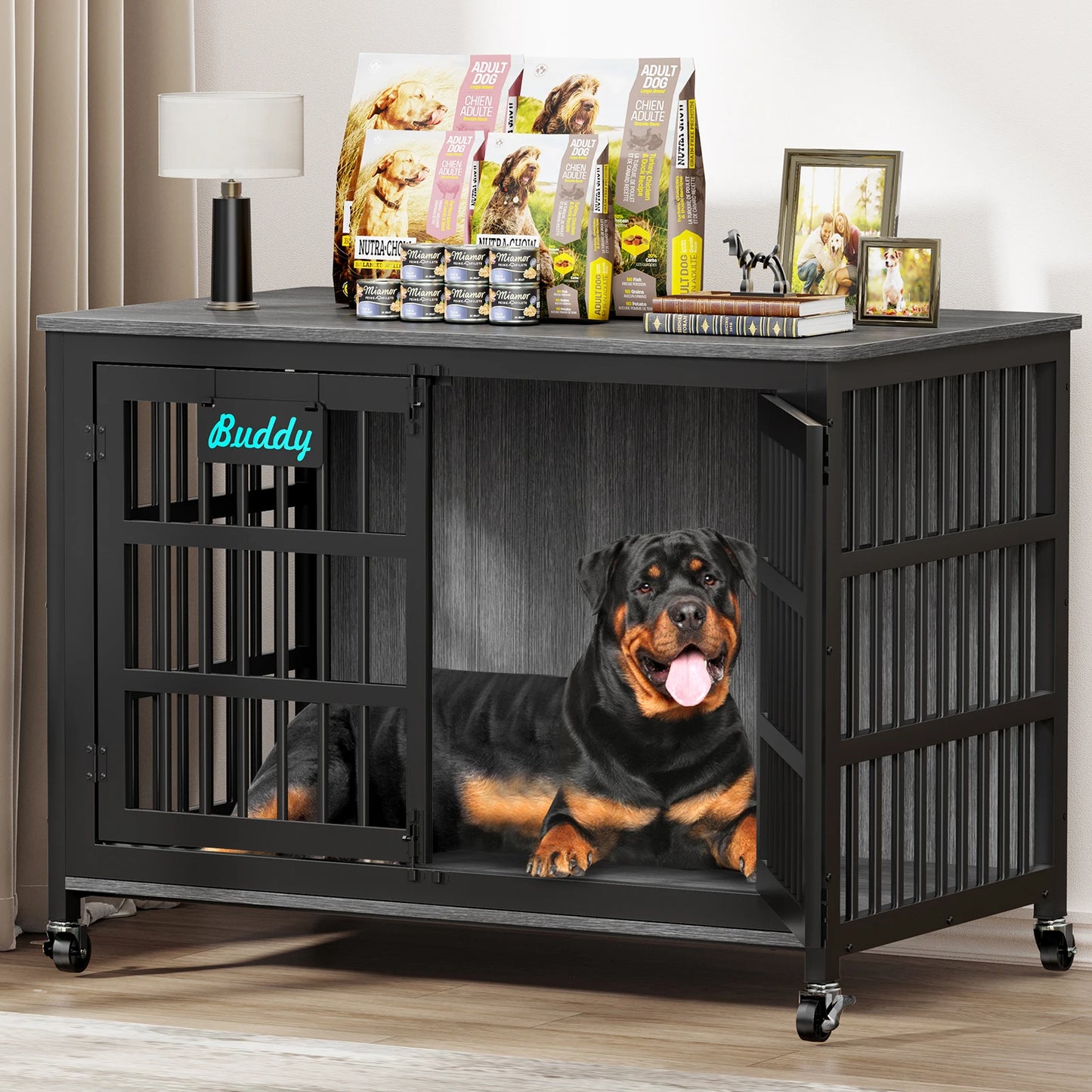 Heavy Duty Indoor Dog Crate Furniture With Casters