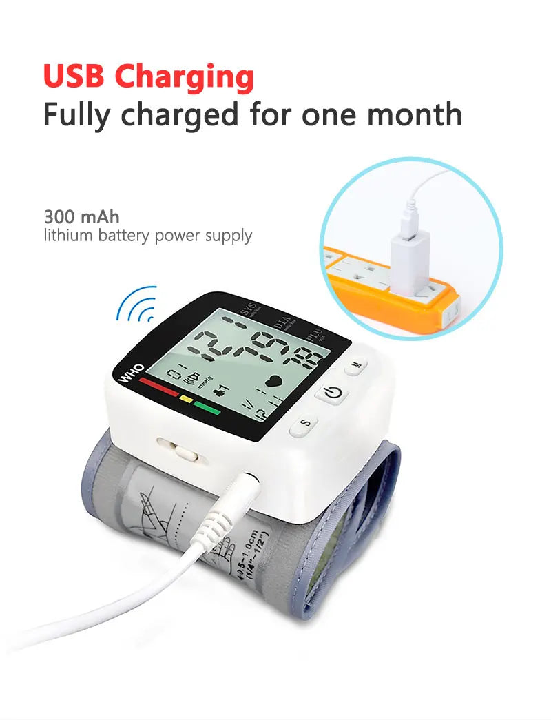 TAKROL Digital Wrist Blood Pressure Monitor Tensiometer With LCD 2x90 Memory Rechargeable