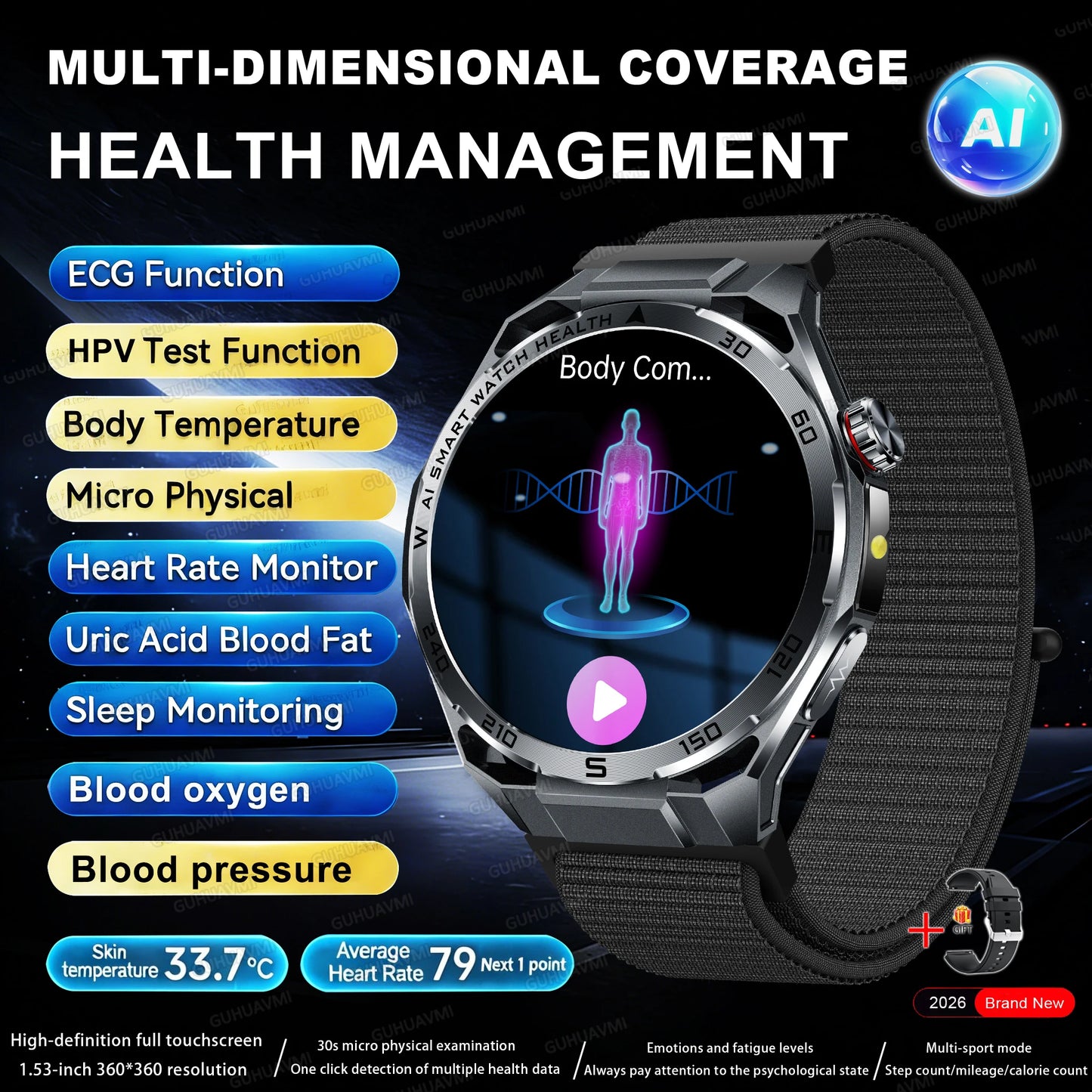 Smart Health Watch With ECG And PPG Body Fat Analysis Uric Acid BP Blood Oxygen Bluetooth Calling