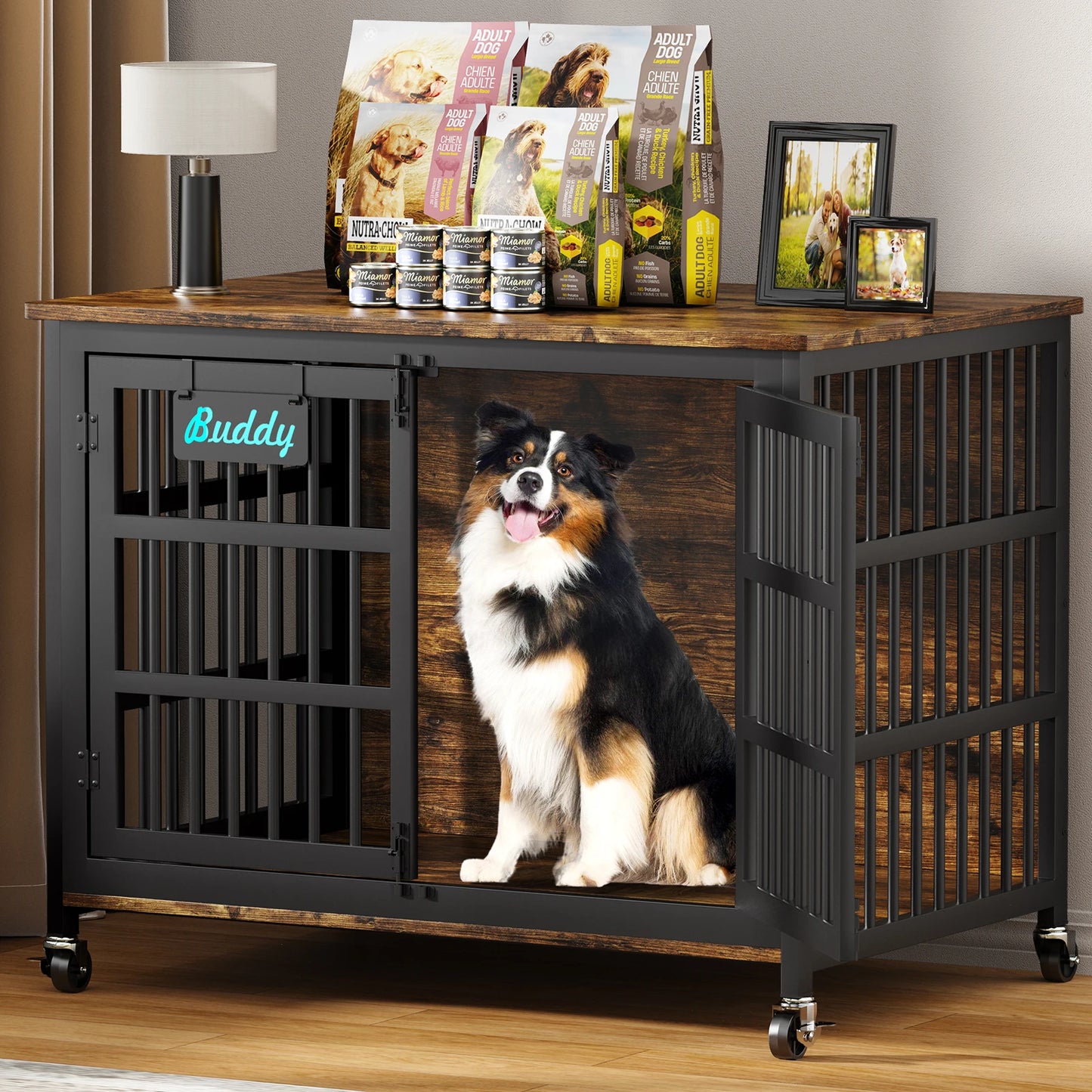 Heavy Duty Indoor Dog Crate Furniture With Casters