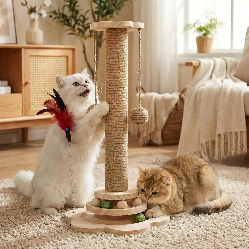 AEHOME Interactive Cat Scratching Post With 2 Tier Ball Track Teaser Stick For Indoor Cats