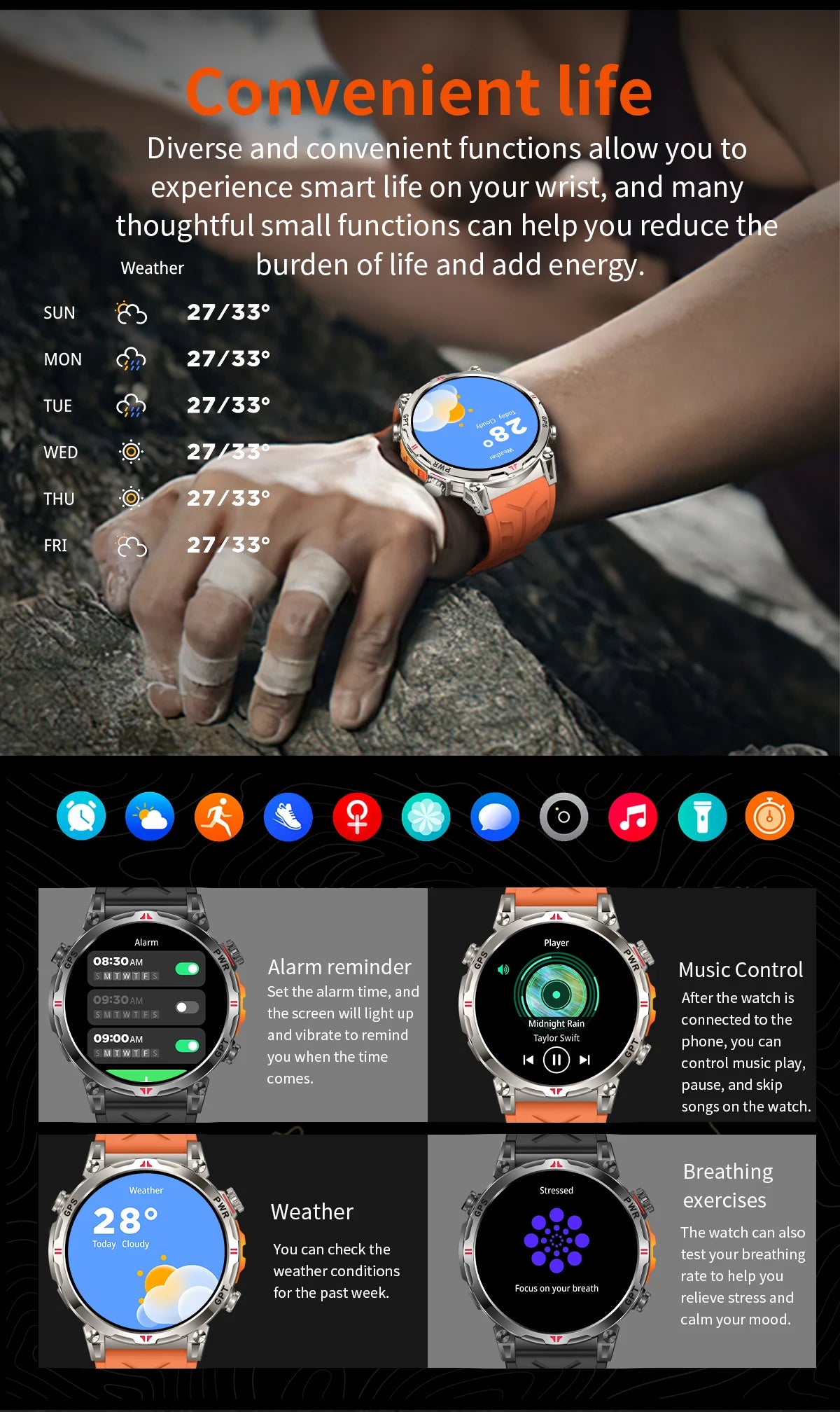 Outdoor GPS Smartwatch For Men With Compass, 10ATM Waterproof, Health Monitoring, Bluetooth Call