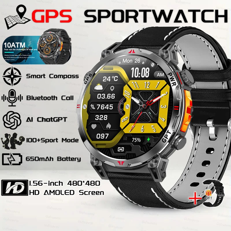 Outdoor GPS Smartwatch For Men With Compass, 10ATM Waterproof, Health Monitoring, Bluetooth Call