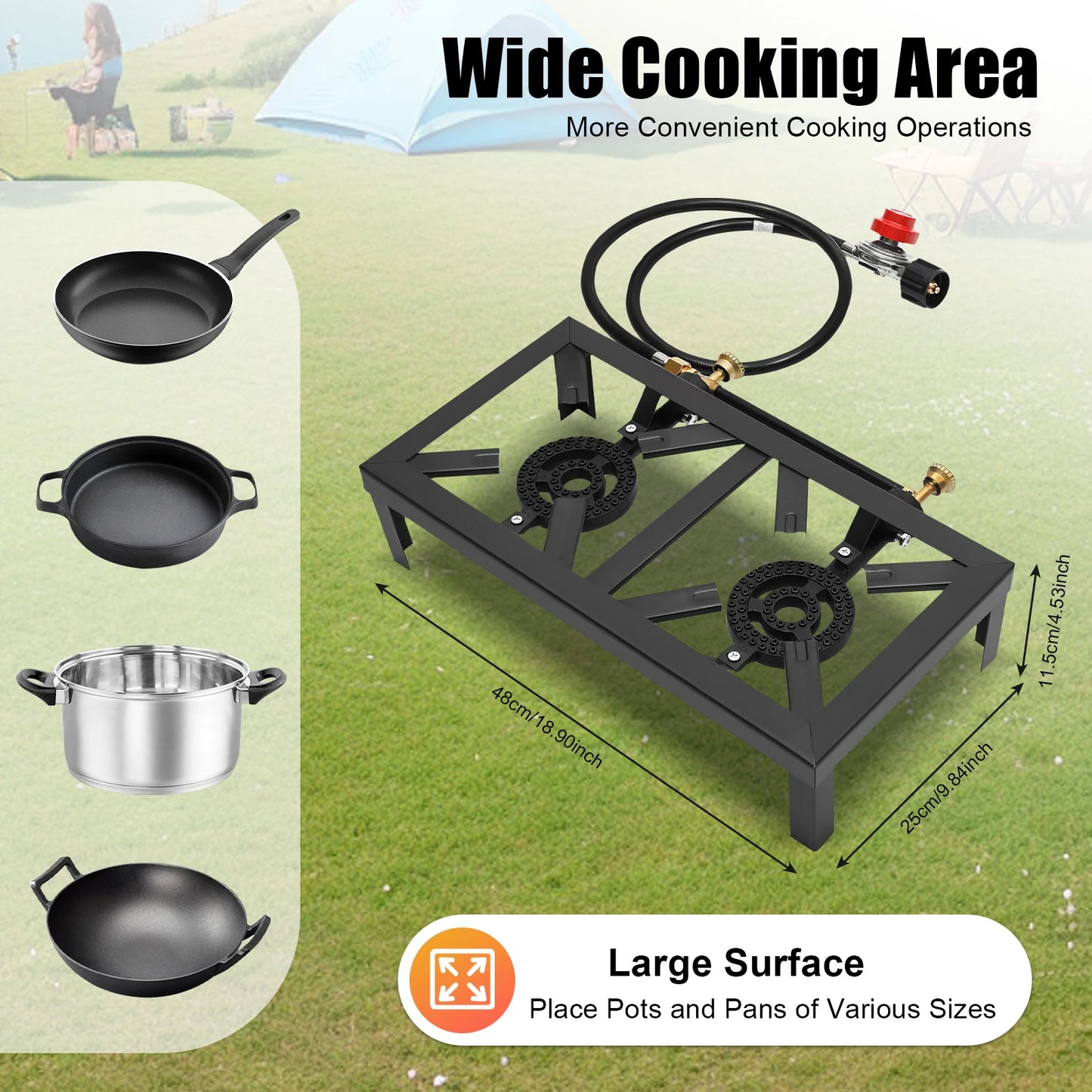 8000W Portable Double Burner Outdoor Gas Stove With Adjustable 0 To 10 PSI Regulator Hose