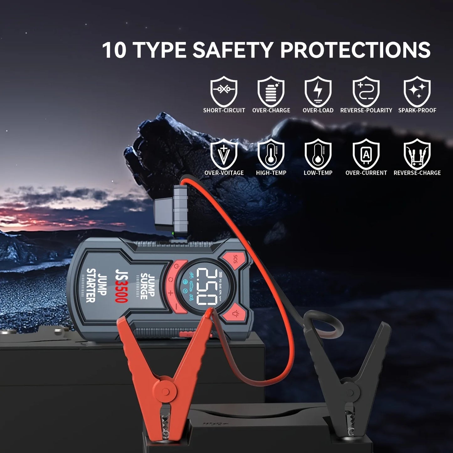 5 in 1 Jump Starter With Air Pump 3000A Peak And Digital Tire Inflator Rechargeable Battery Pack