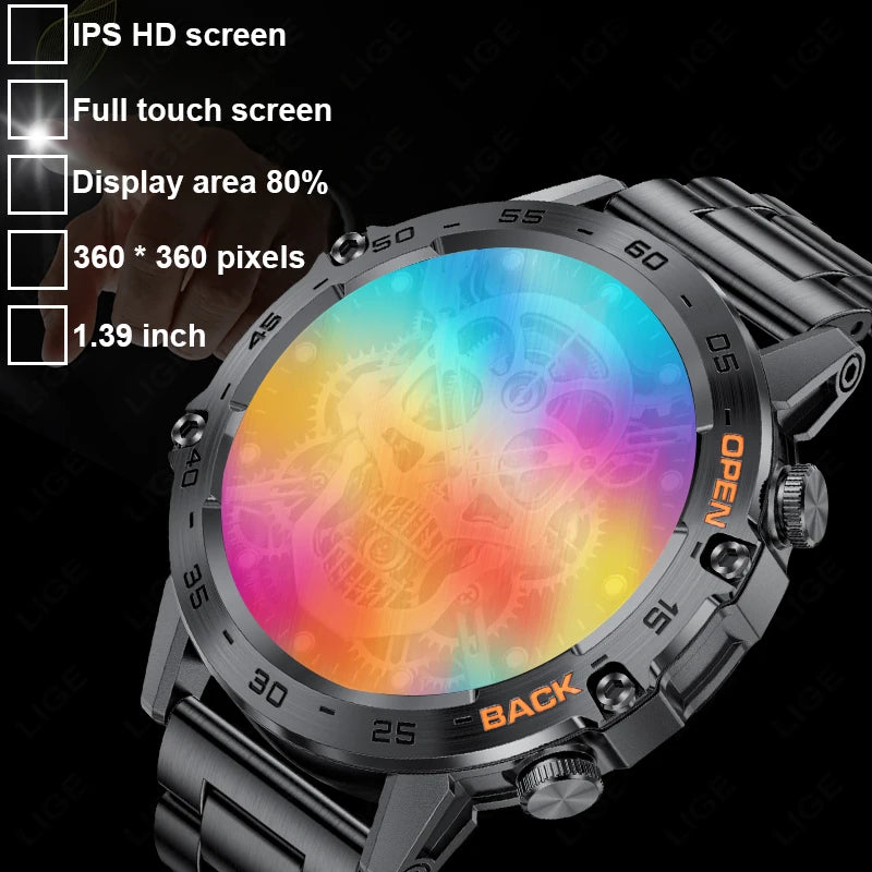 LIGE Military Smartwatch 1.39 Inch AMOLED 400mAh Battery Waterproof Heart Rate Bluetooth Call