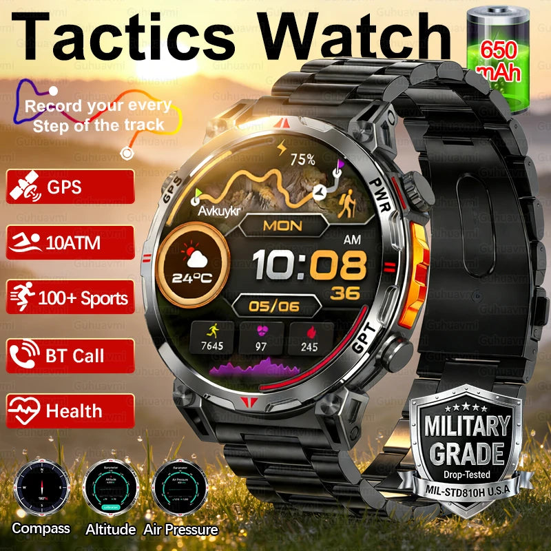 Outdoor GPS Smartwatch For Men With Compass, 10ATM Waterproof, Health Monitoring, Bluetooth Call