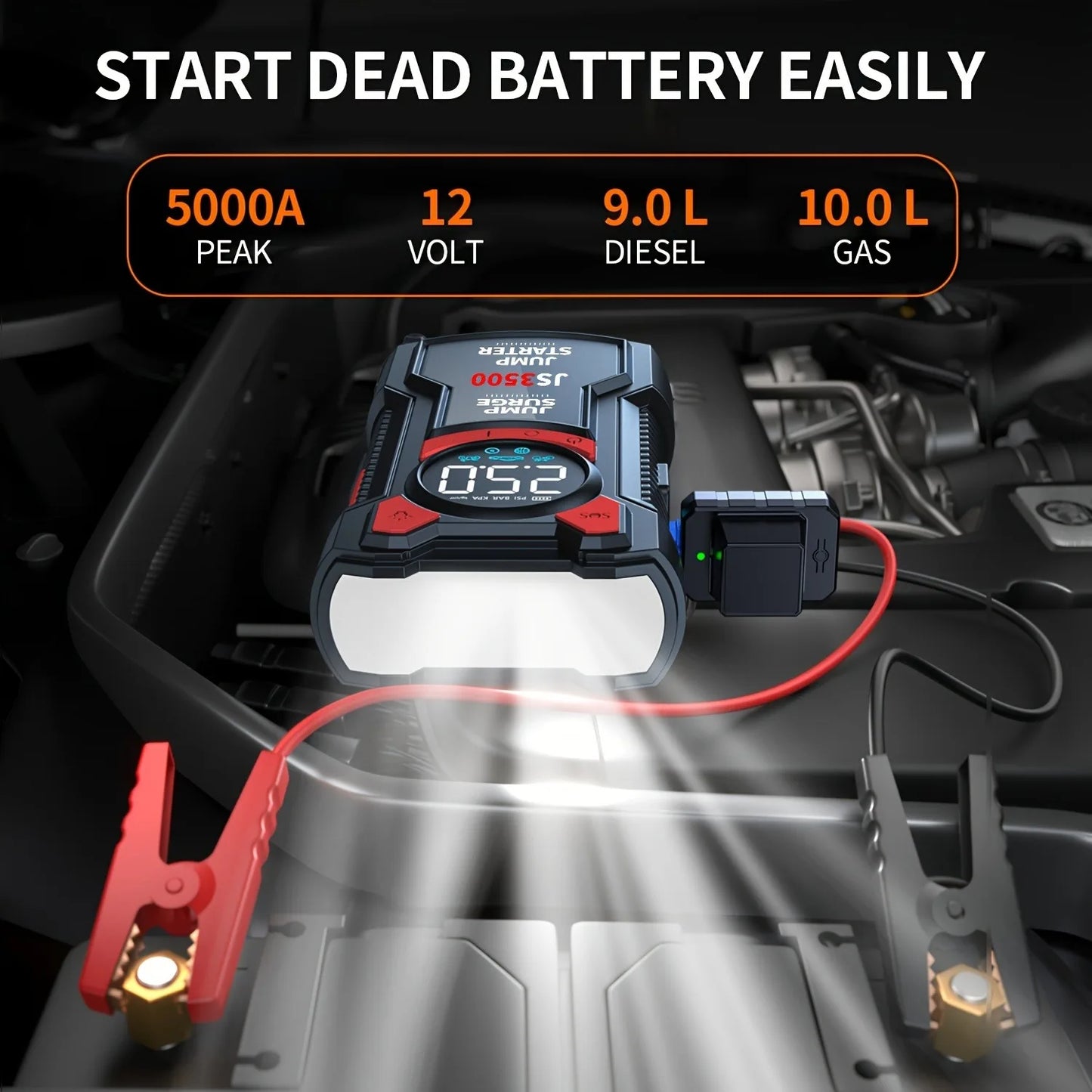 5 in 1 Jump Starter With Air Pump 3000A Peak And Digital Tire Inflator Rechargeable Battery Pack