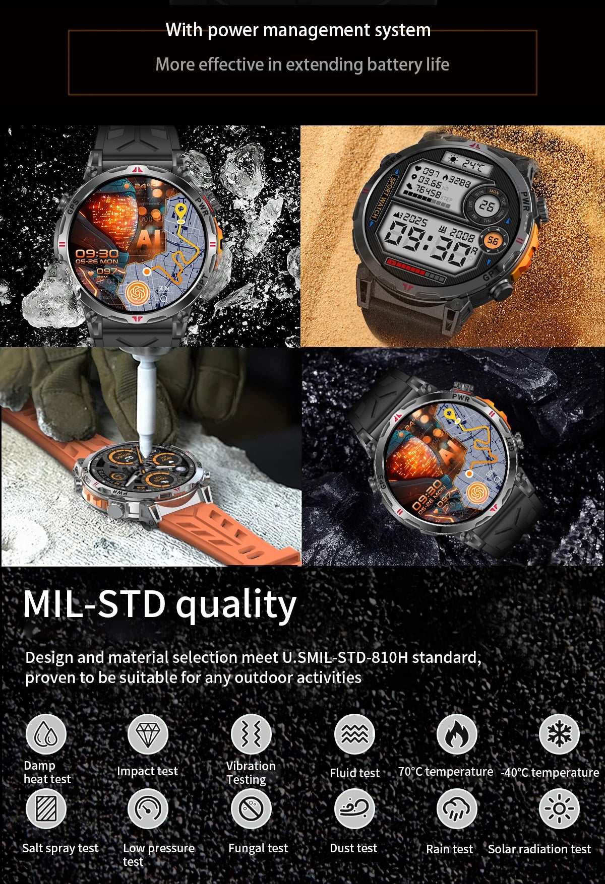Outdoor GPS Smartwatch For Men With Compass, 10ATM Waterproof, Health Monitoring, Bluetooth Call