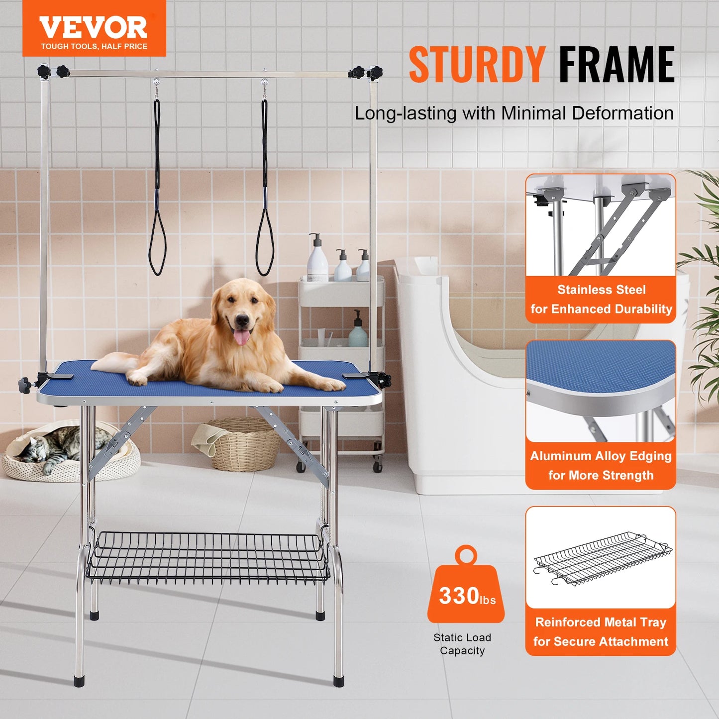 SucceBuy Pet Grooming Table With Two Arms Foldable Stand Loop