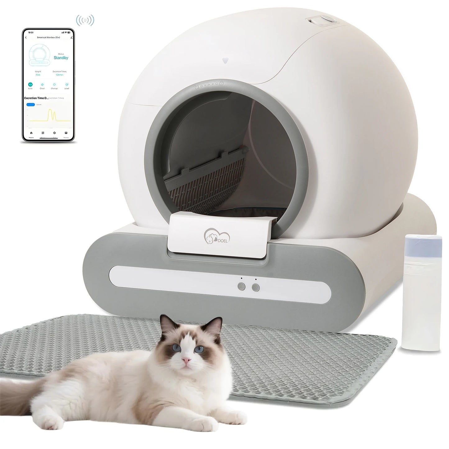 DOEL Self Cleaning Cat Litter Box With App Control Works On 2.4G WiFi Includes Litter Mat And Trash Bags