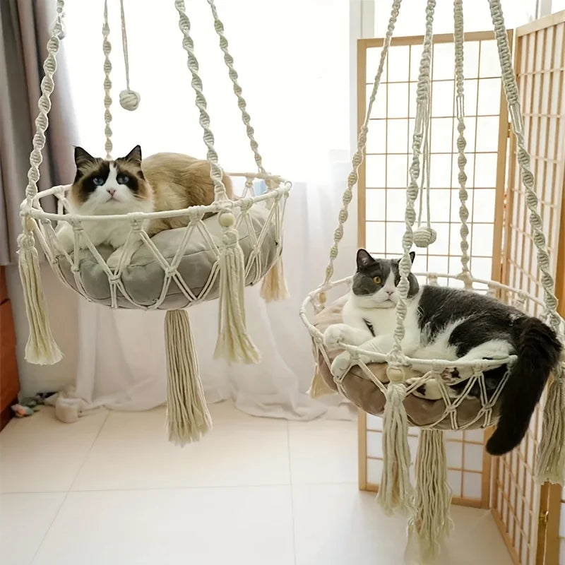 Handwoven Cotton Rope Cat Hammock Durable Heavy-Duty Load-Bearing Pet Bed For Two Cats