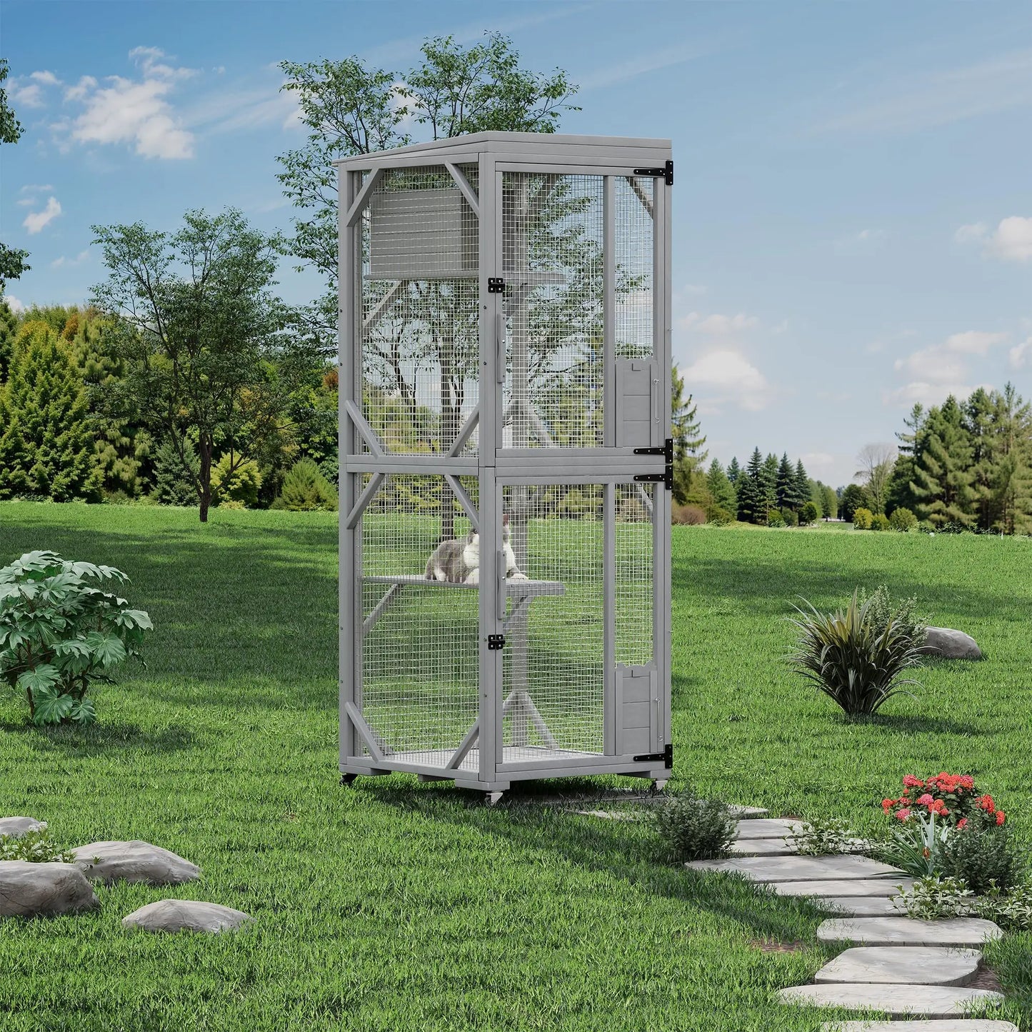 HiMISS Outdoor Cat Enclosure Catio With Lockable Wheels Weatherproof Multi Door Cat House For Multiple Cats