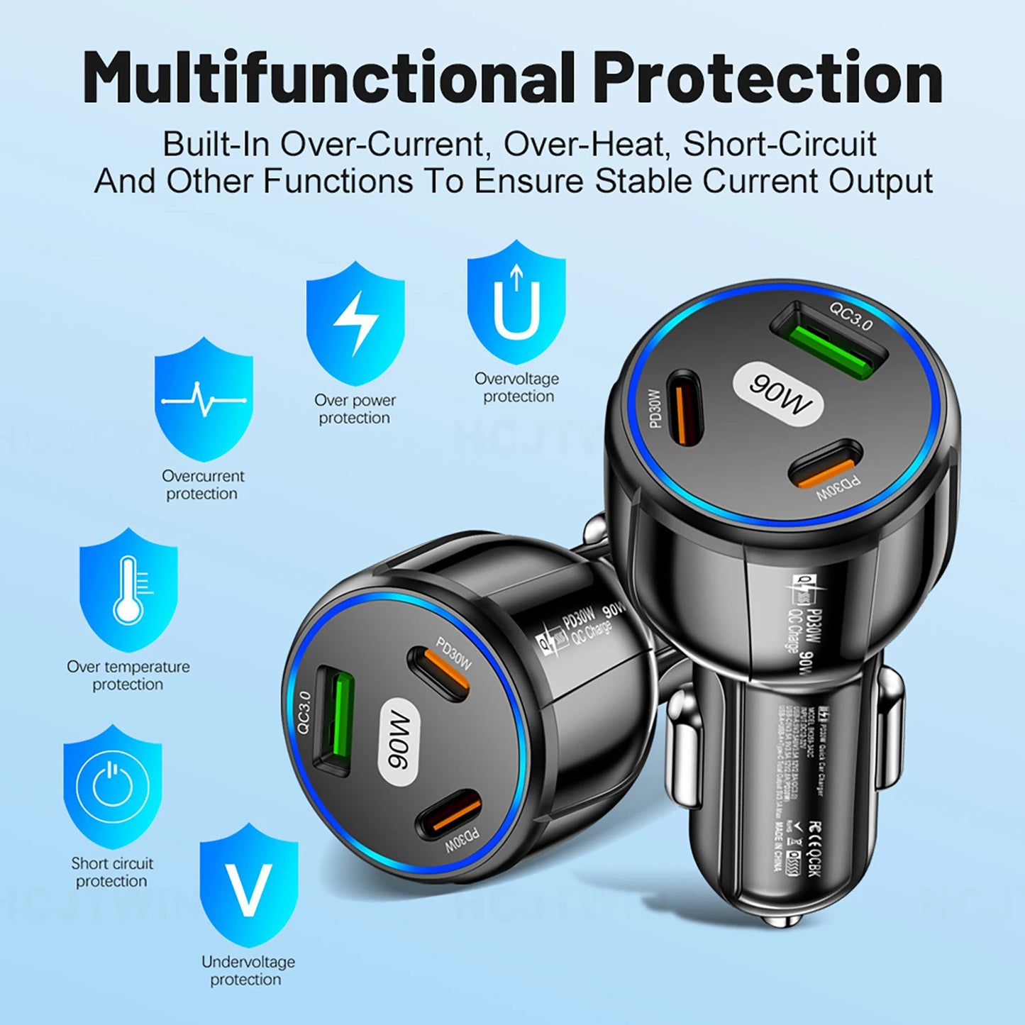Three Port USB Type C Quick Charge Fast Car Charger With USB PD For iPhone And Samsung