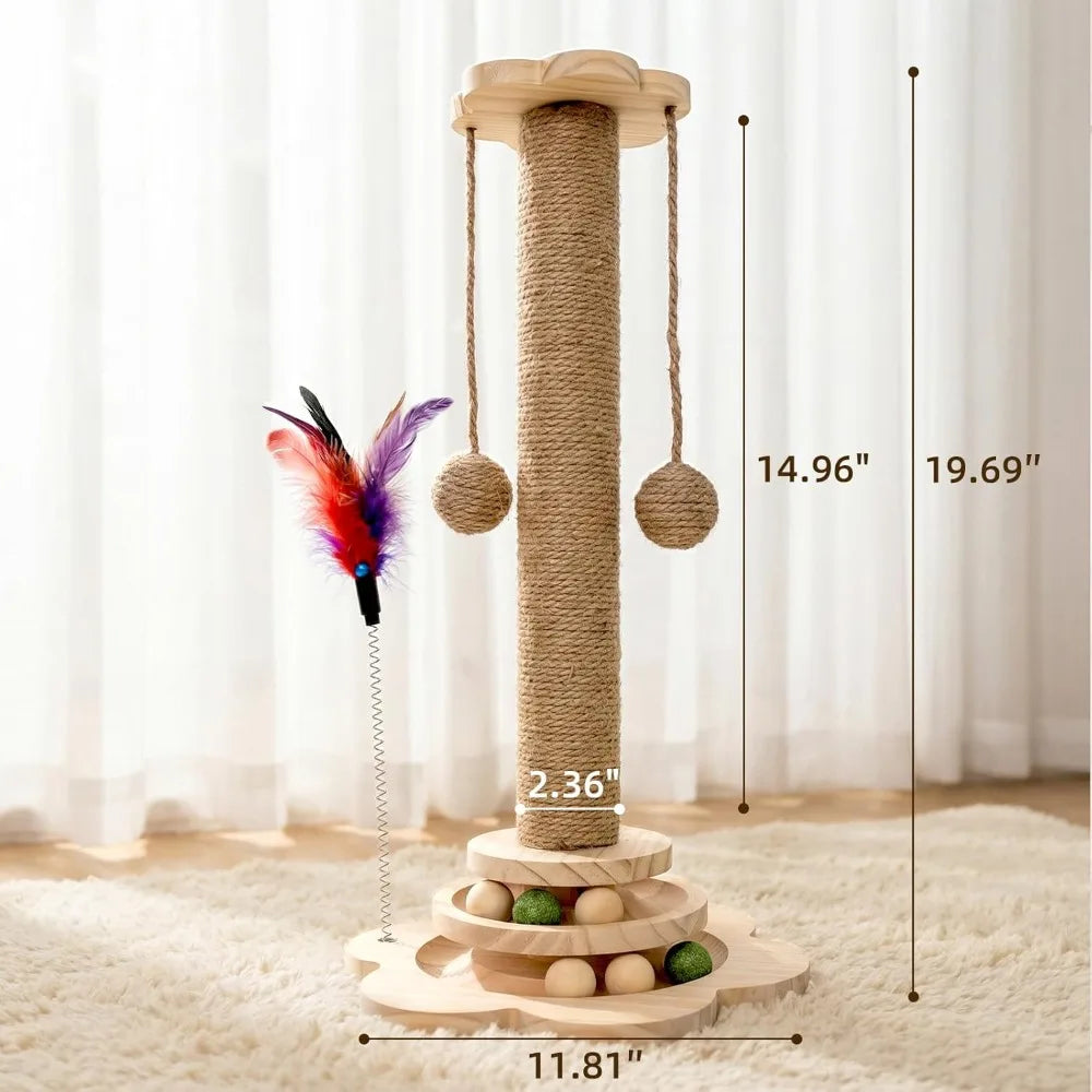 AEHOME Interactive Cat Scratching Post With 2 Tier Ball Track Teaser Stick For Indoor Cats