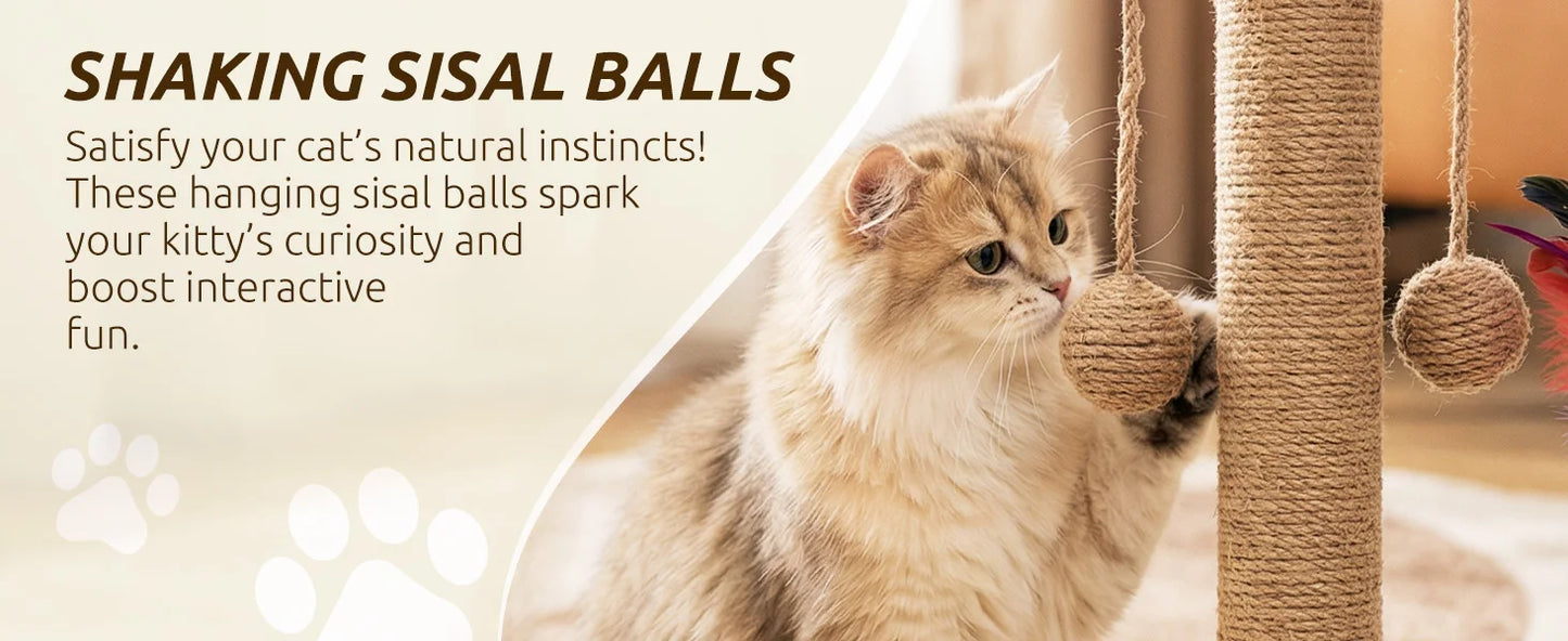 AEHOME Interactive Cat Scratching Post With 2 Tier Ball Track Teaser Stick For Indoor Cats