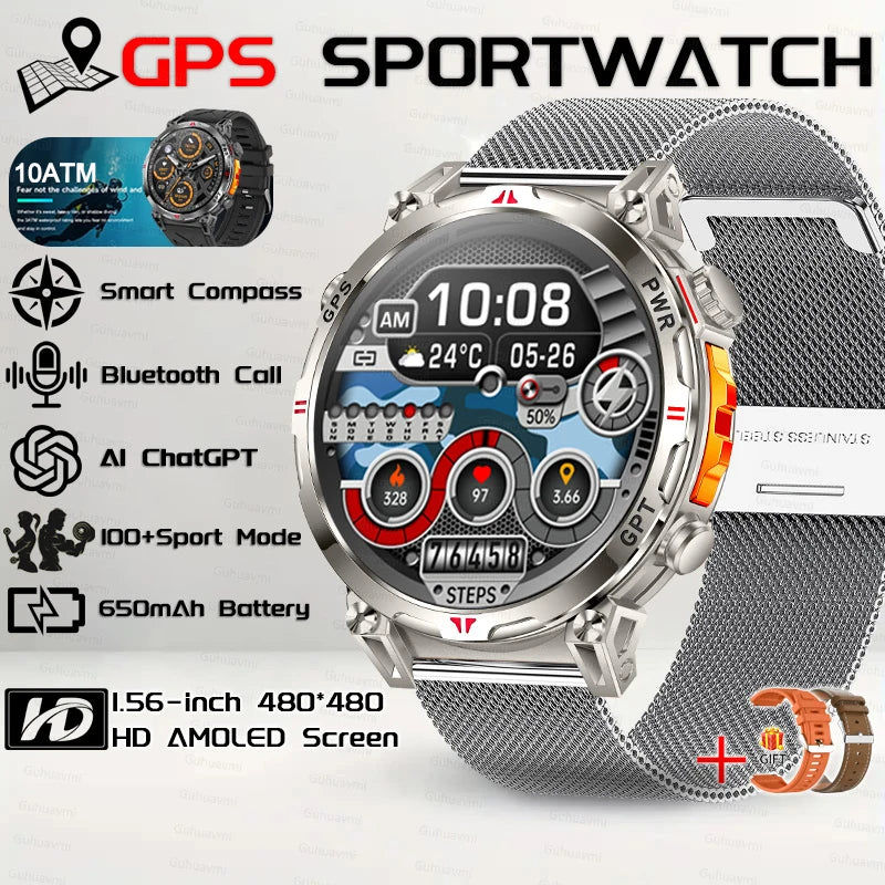Outdoor GPS Smartwatch For Men With Compass, 10ATM Waterproof, Health Monitoring, Bluetooth Call