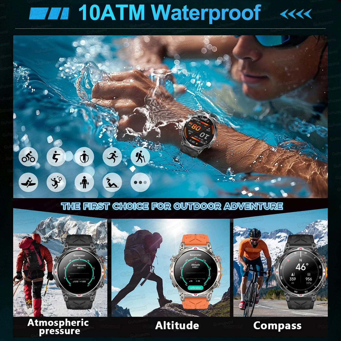 Outdoor GPS Smartwatch For Men With Compass, 10ATM Waterproof, Health Monitoring, Bluetooth Call