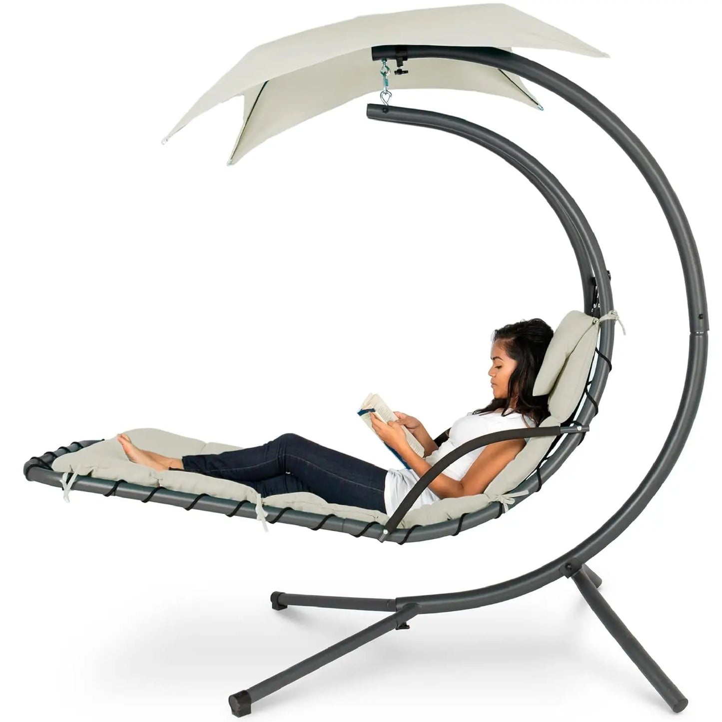 Curved Steel Outdoor Hanging Chaise Lounge With Built-In Pillow