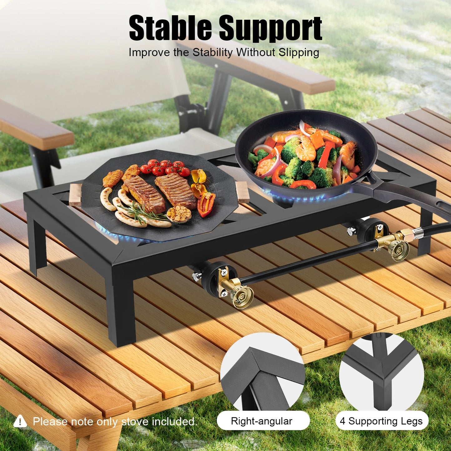 8000W Portable Double Burner Outdoor Gas Stove With Adjustable 0 To 10 PSI Regulator Hose