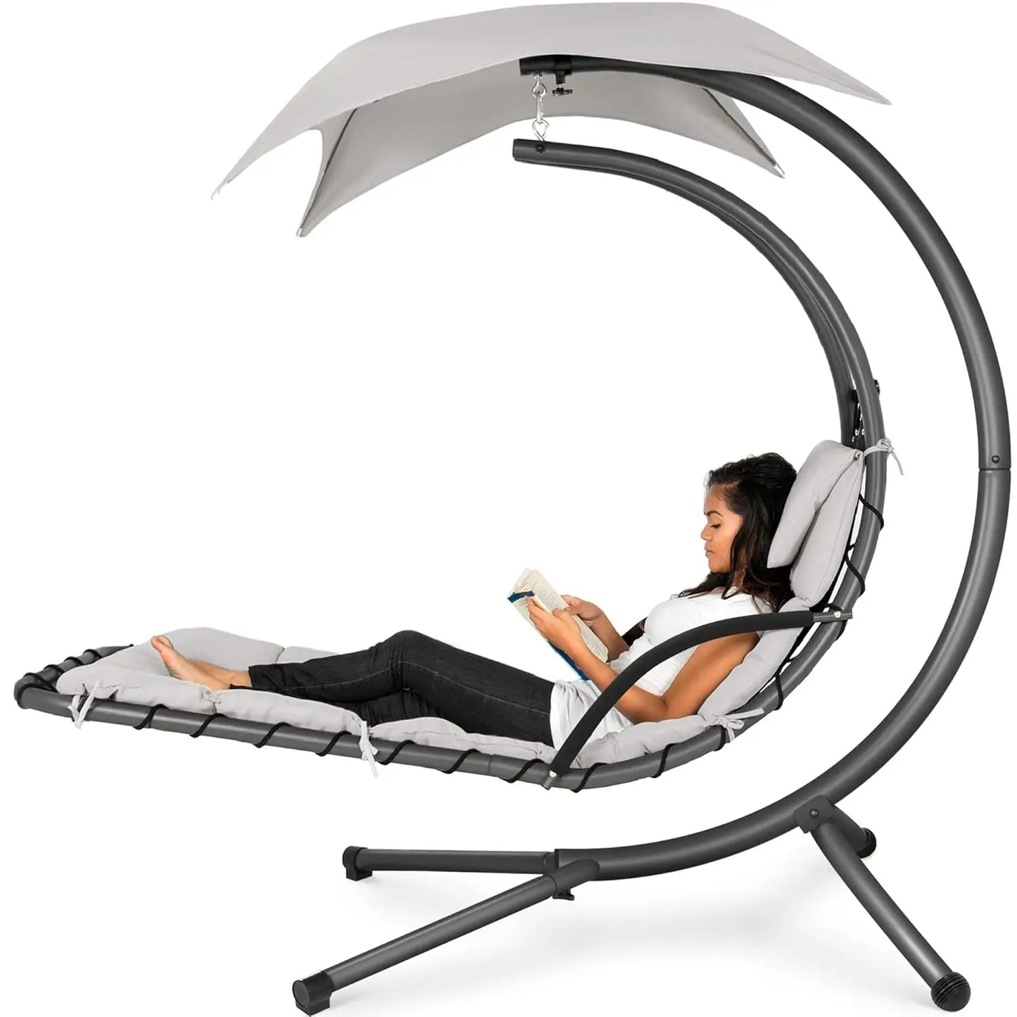 Curved Steel Outdoor Hanging Chaise Lounge With Built-In Pillow
