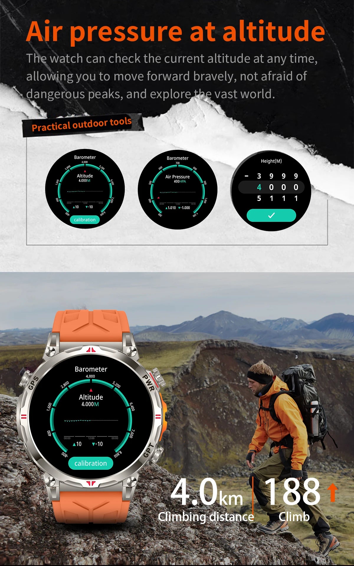 Outdoor GPS Smartwatch For Men With Compass, 10ATM Waterproof, Health Monitoring, Bluetooth Call