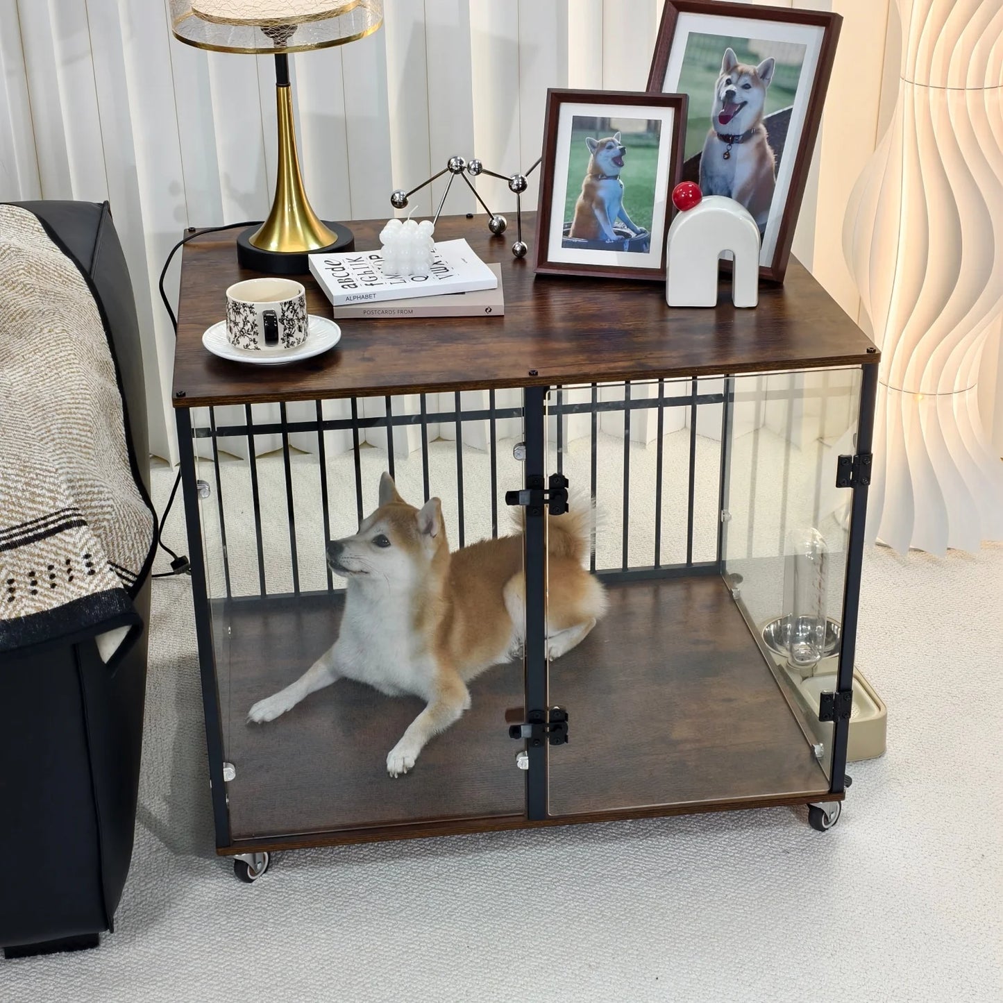 BINGOPAW Dog Crate Furniture Style End Table Tempered Glass Kennel