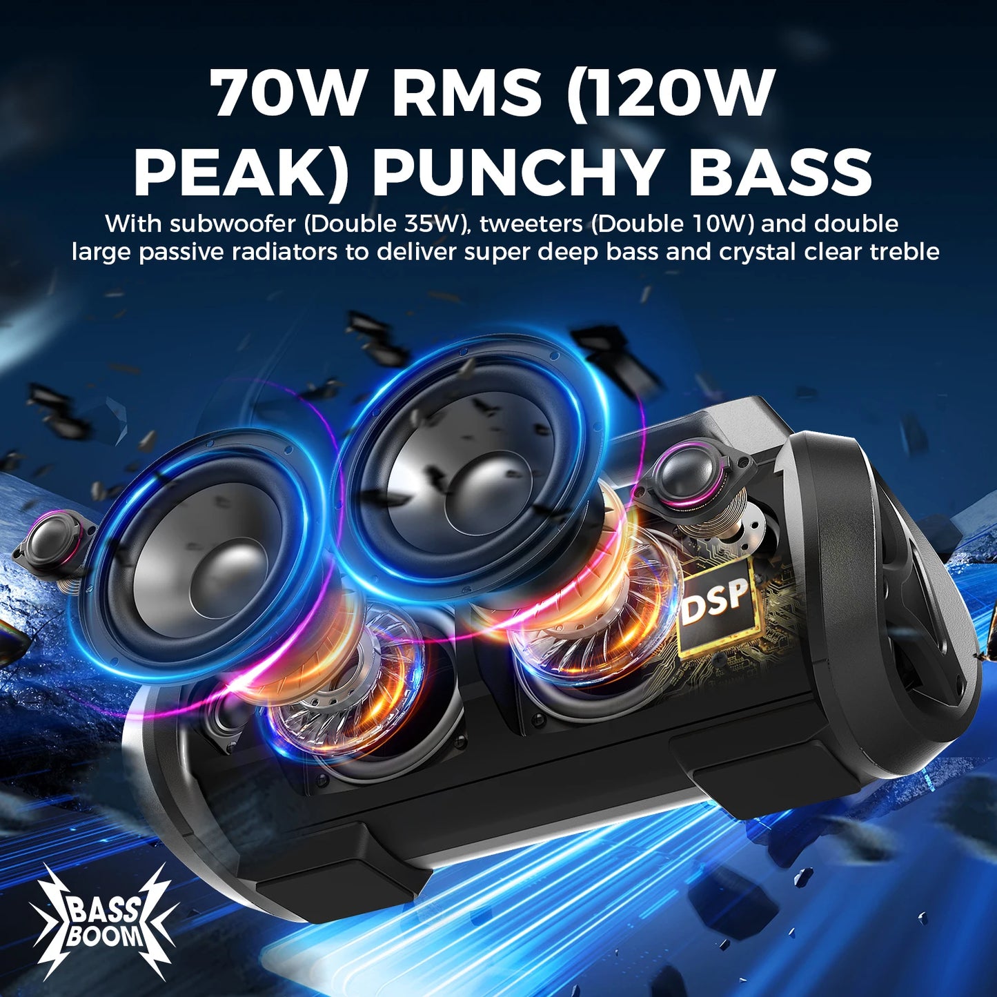 W-KING 70W RMS Bluetooth Portable Speaker IPX6 Waterproof With Subwoofer Bass Boost