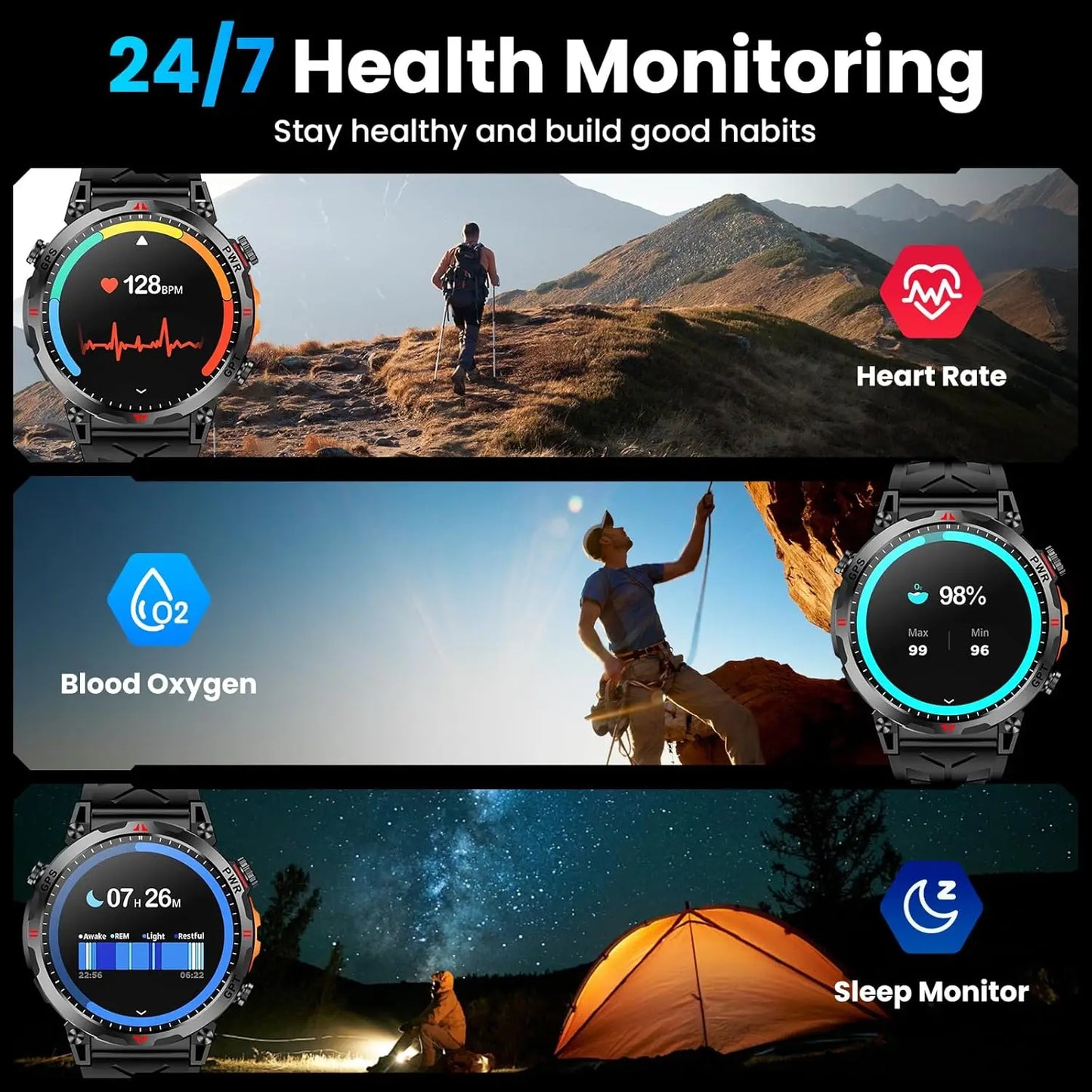 Outdoor GPS Smartwatch For Men With Compass, 10ATM Waterproof, Health Monitoring, Bluetooth Call