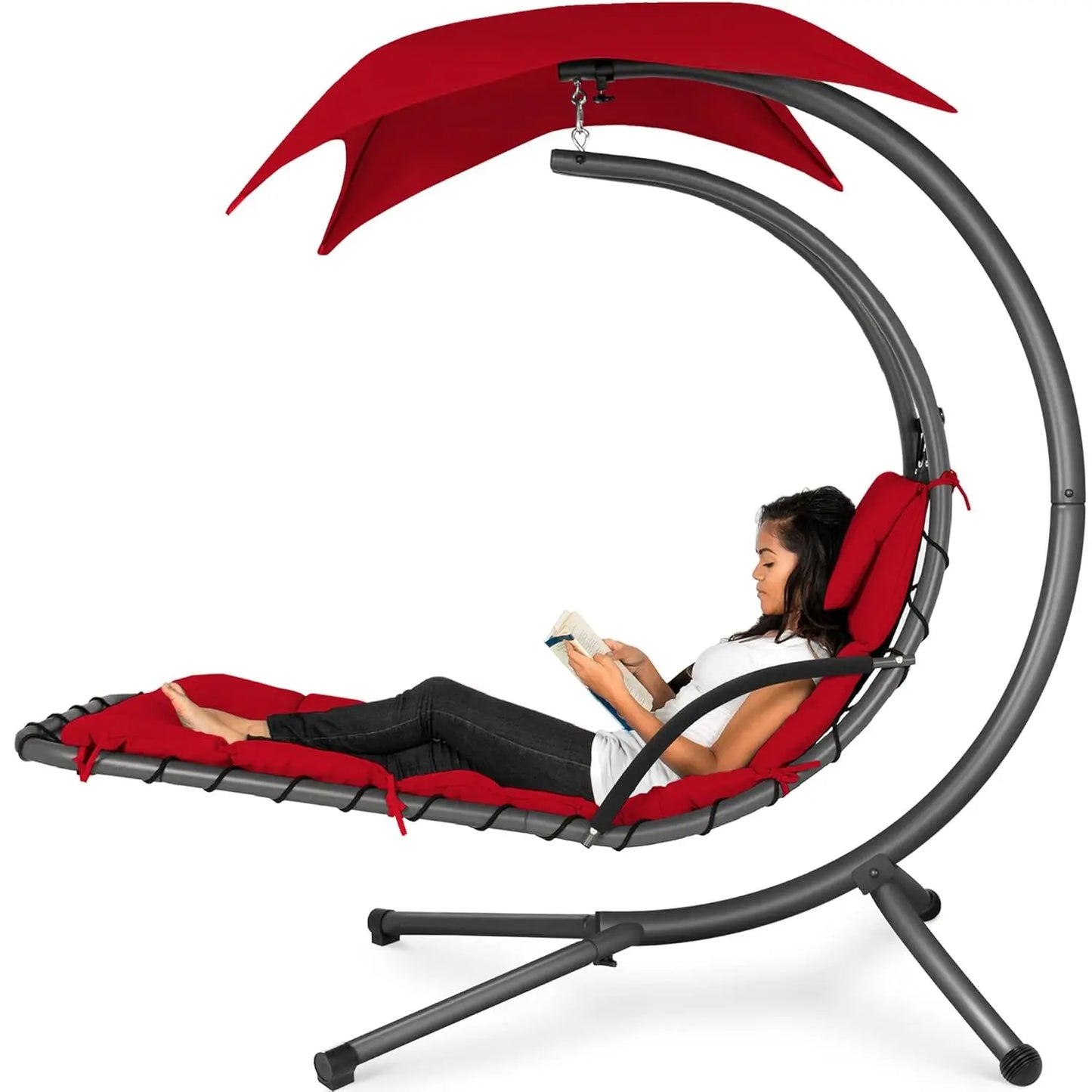 Curved Steel Outdoor Hanging Chaise Lounge With Built-In Pillow