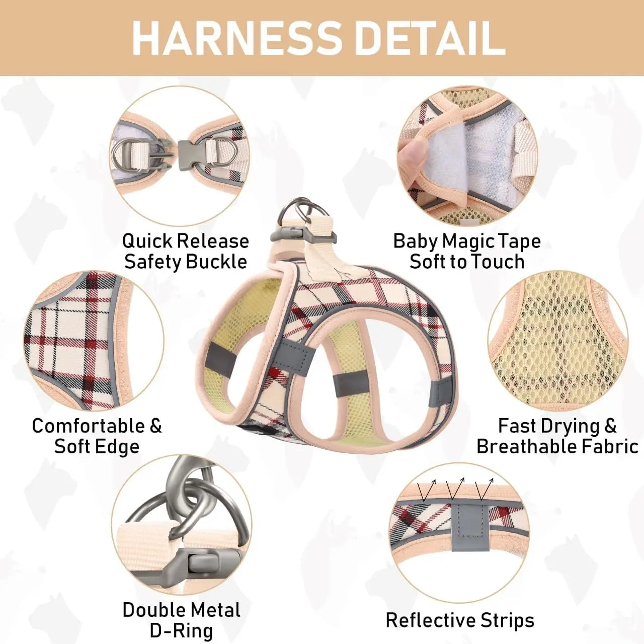 Small Dog Harness Leash Set Step In No Pull Adjustable Mesh Vest Reflective Plaid For Puppy Cat Rabbit