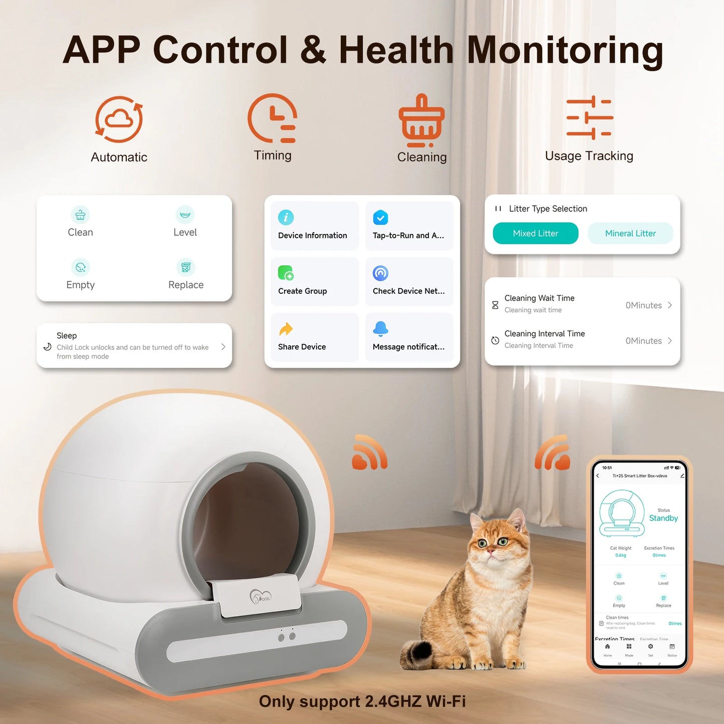 DOEL Self Cleaning Cat Litter Box With App Control Works On 2.4G WiFi Includes Litter Mat And Trash Bags