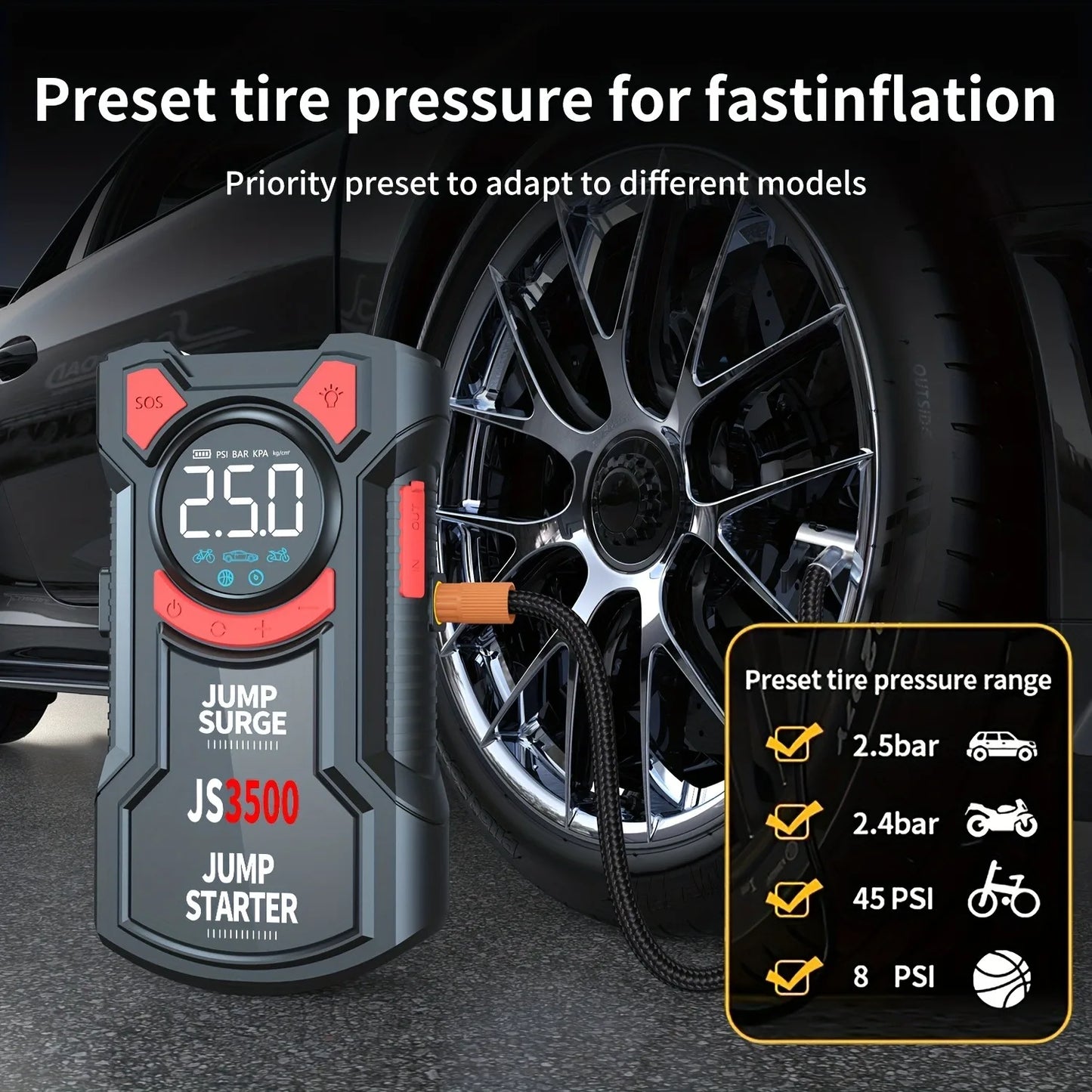5 in 1 Jump Starter With Air Pump 3000A Peak And Digital Tire Inflator Rechargeable Battery Pack